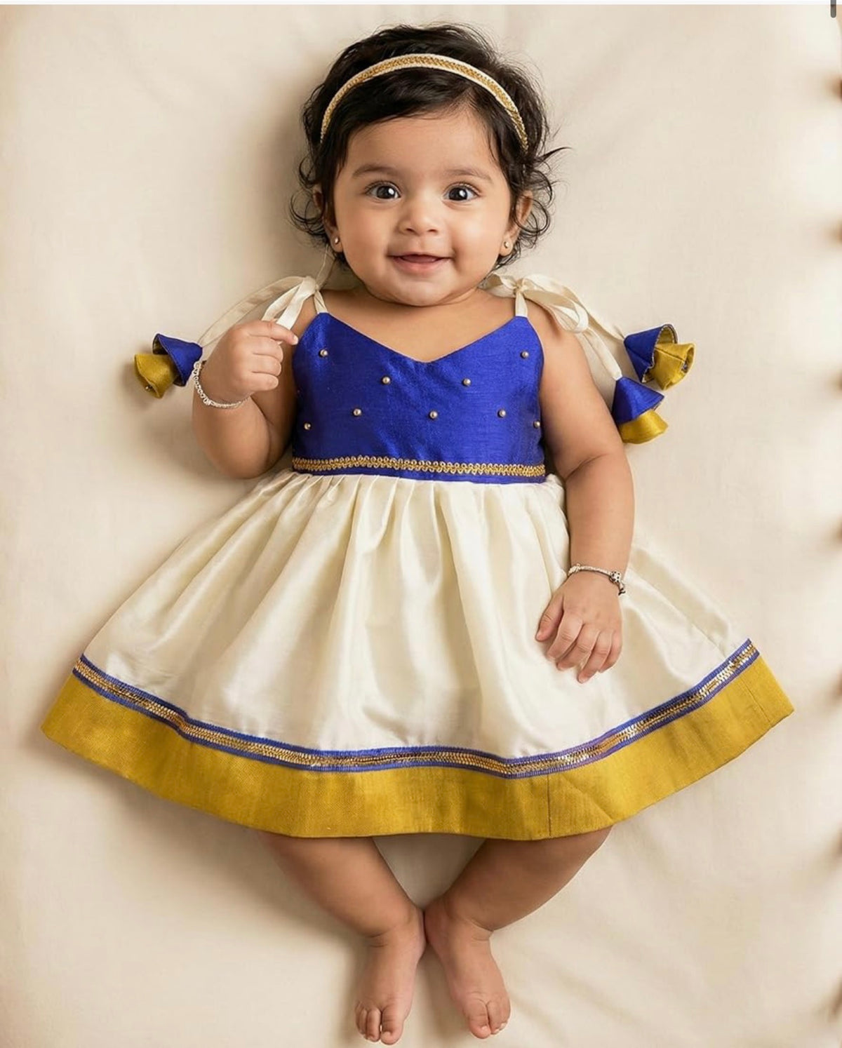 BABY GIRL STYLISH BANARASI SILK FROCK WITH MATCHING BOW - BLUE