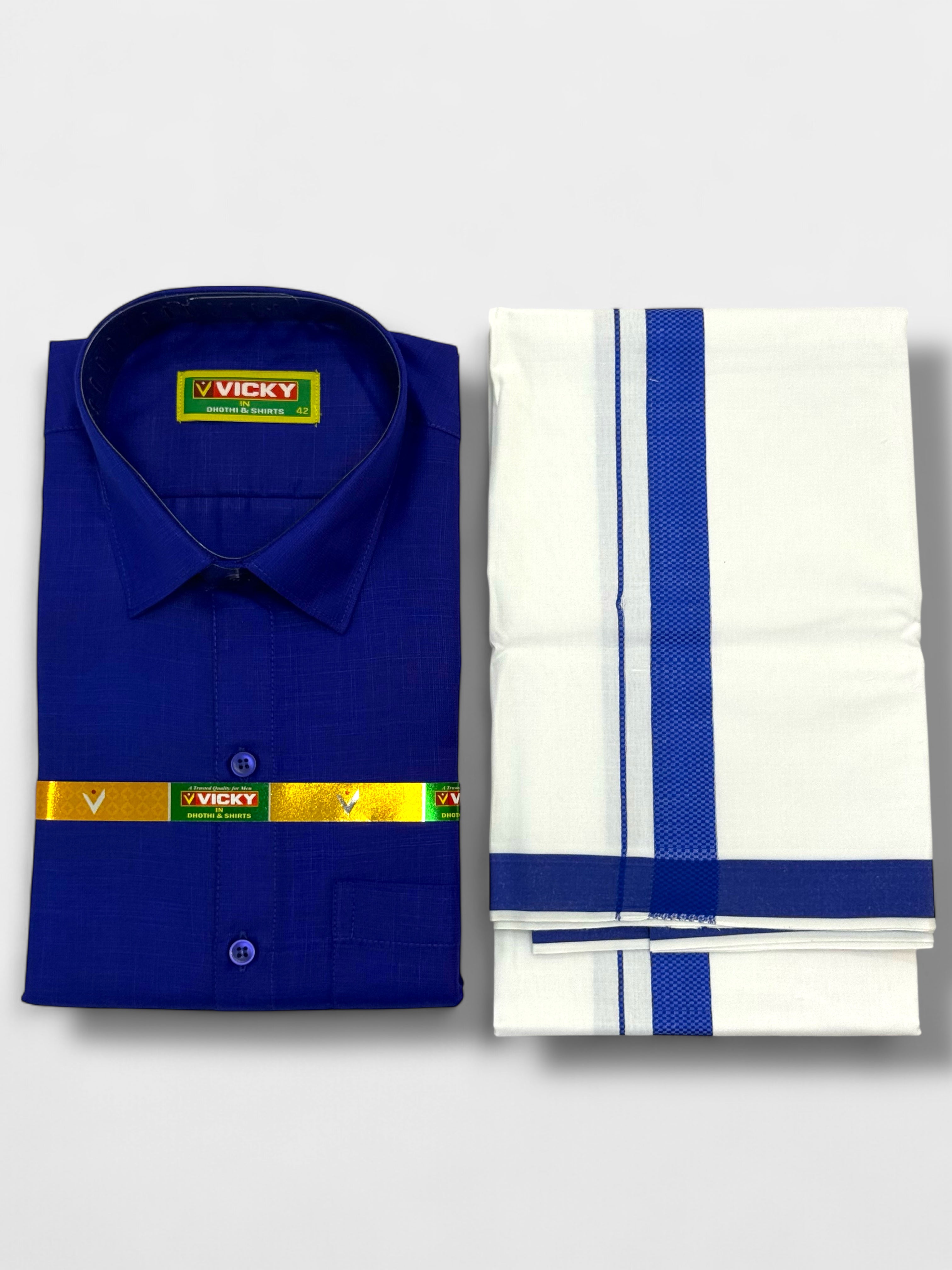 MEN'S MATCHING FANCY BORDER SINGLE DHOTI & SHIRT SET - ROYAL BLUE