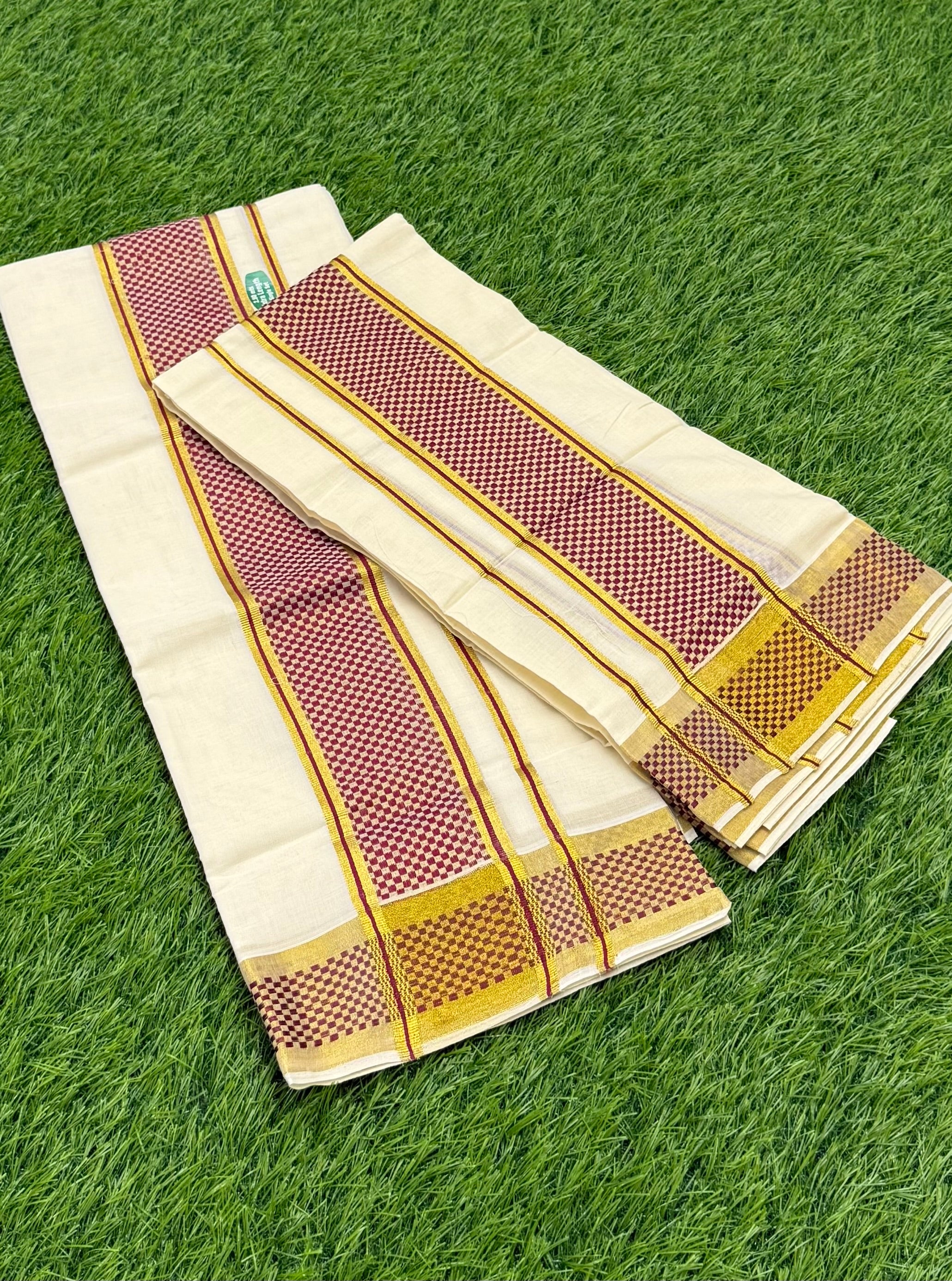 KASAVU COTTON FANCY SINGLE SET MUNDU (MUNDUM NERIYATHUM) - 2 X 2.80 MTRS - (OFF WHITE)