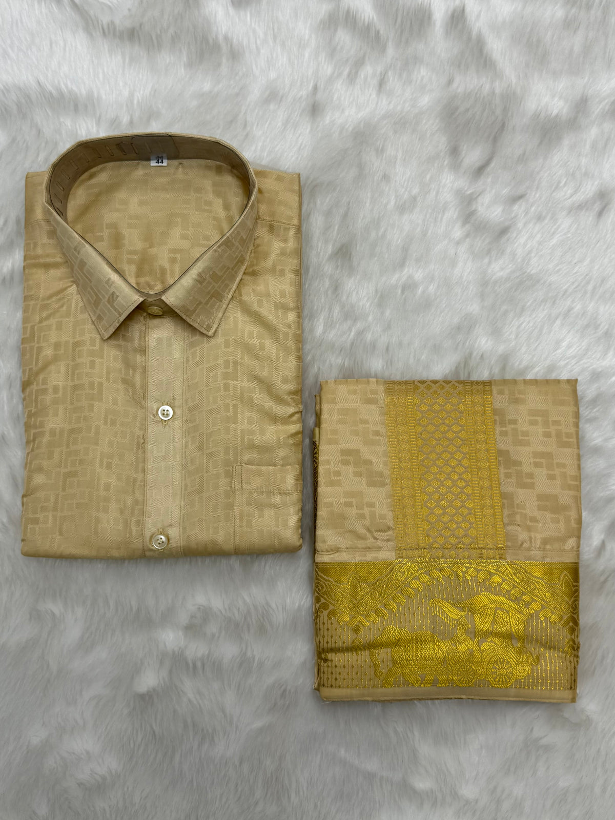 MEDIUM GOLD COLOURED SEMI SILK WEDDING SHIRT, DHOTI, FEATURING A GOLD ZARI BORDER - VELCRO