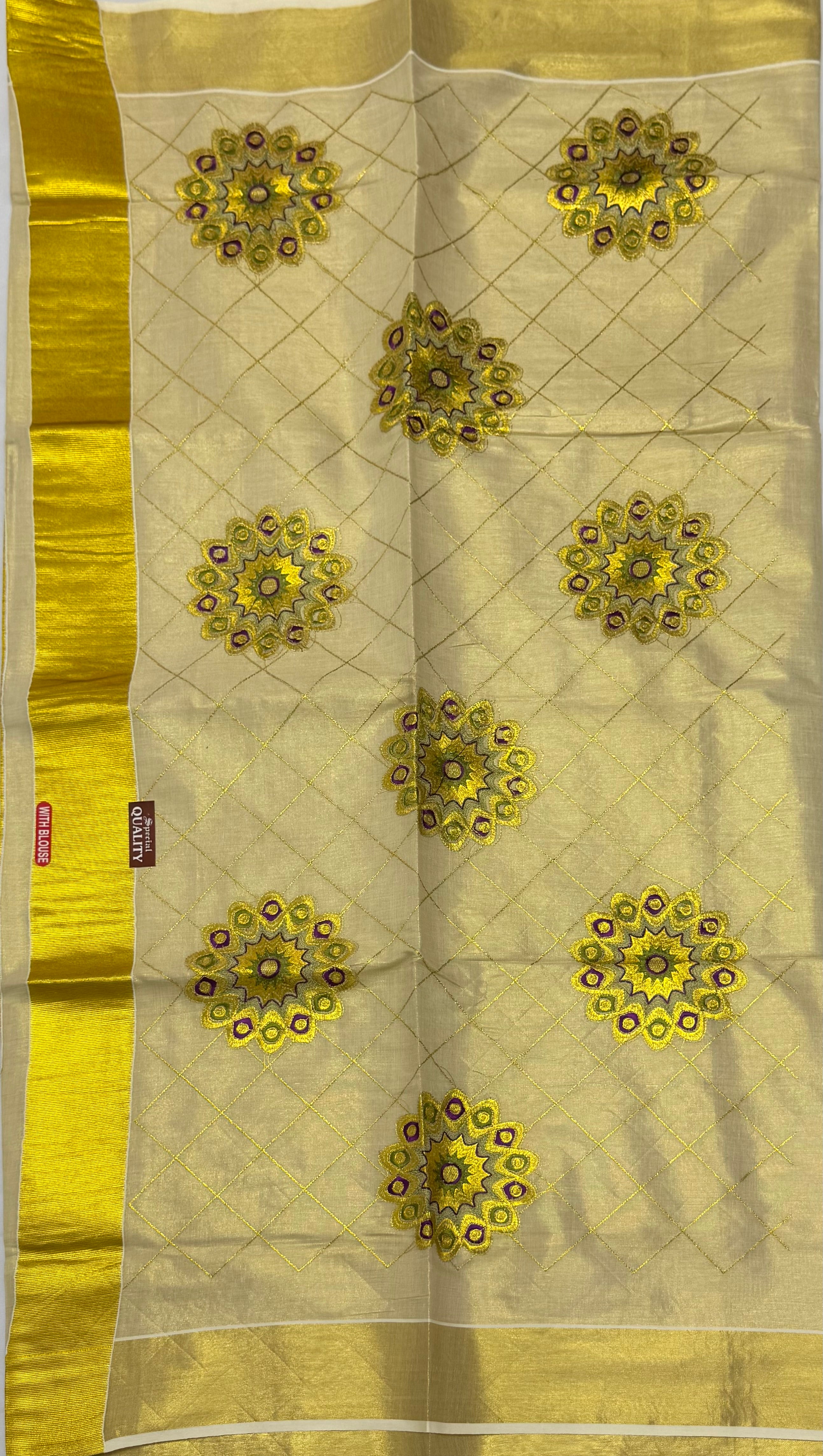 KERALA KASAVU TISSUE SILK EMBROIDERY SAREE - (GOLD,CREAM)