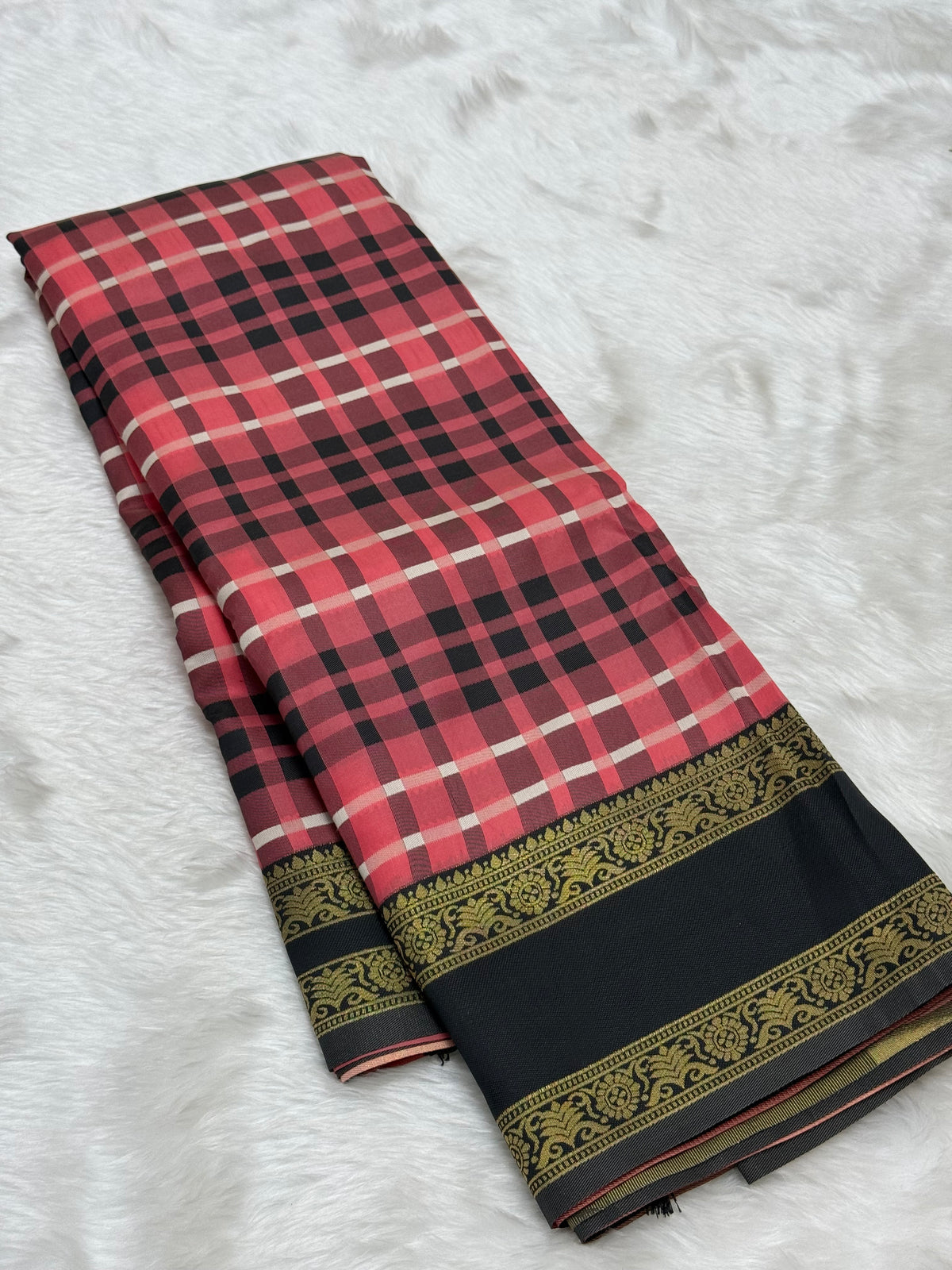 SEMI SILK BURBERRY CHECKS SAREE WITH BLOUSE - MULTI COLOUR