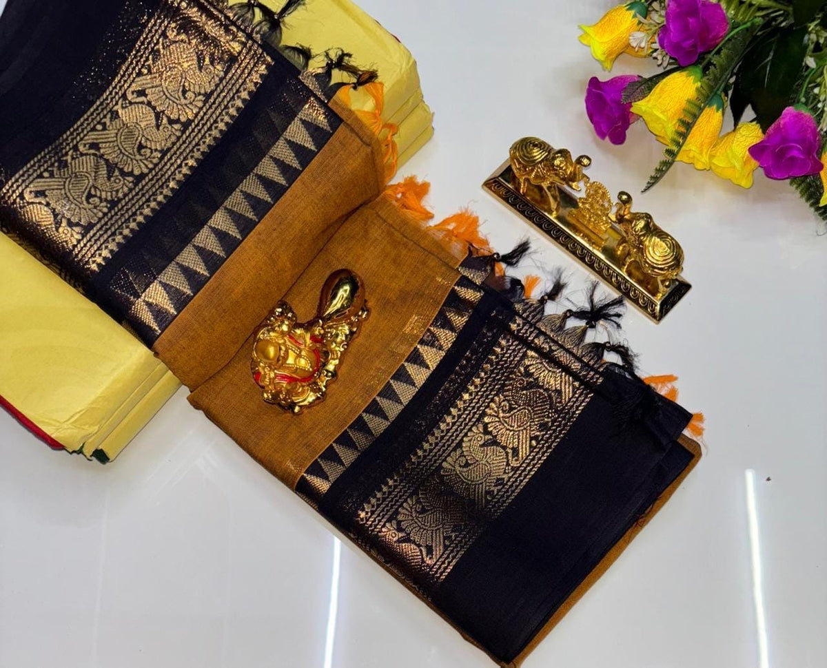 PURE KANCHI COTTON SAREES - MUSTARD BROWN