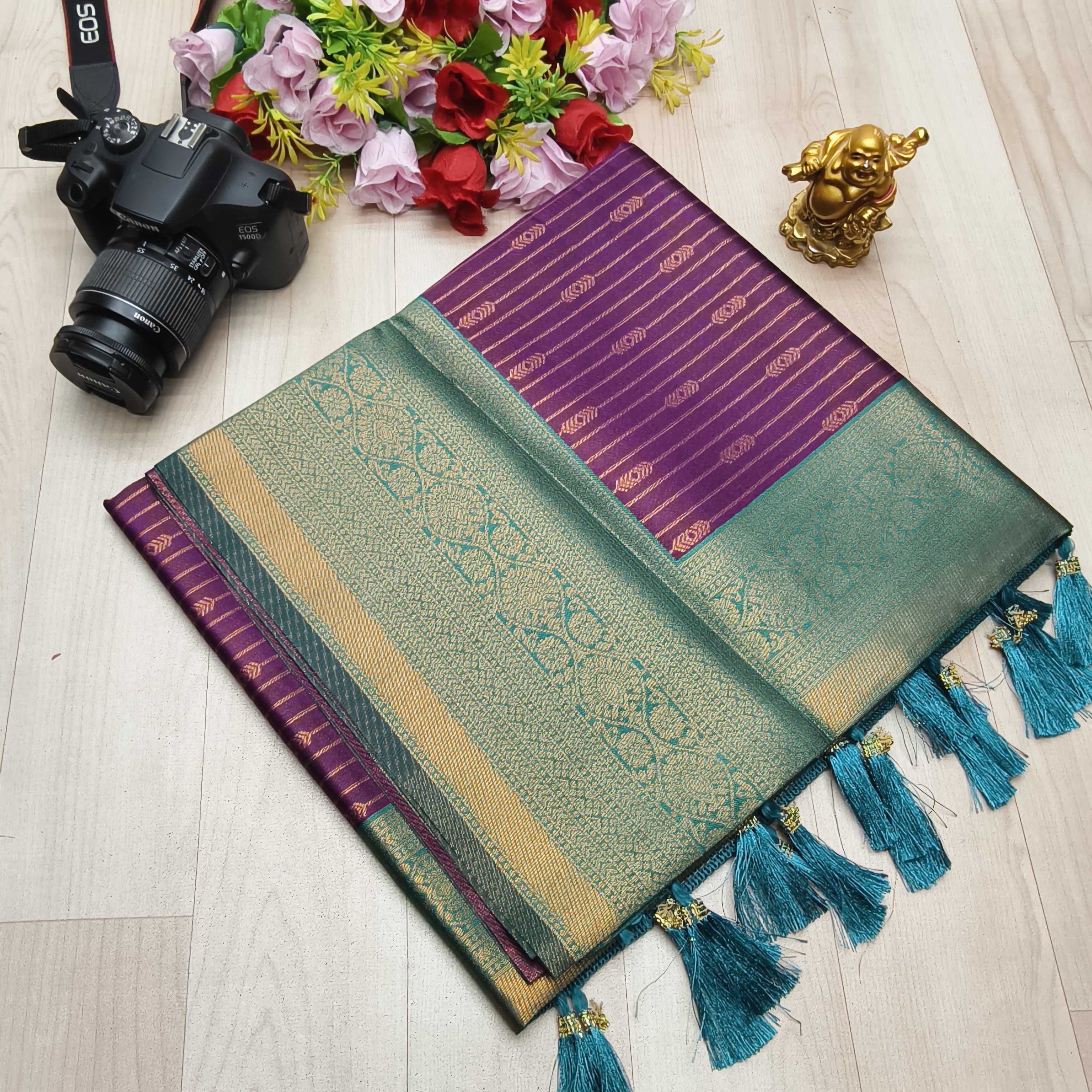 VAIRA OOSI NEON SILK SAREE - EGGPLANT