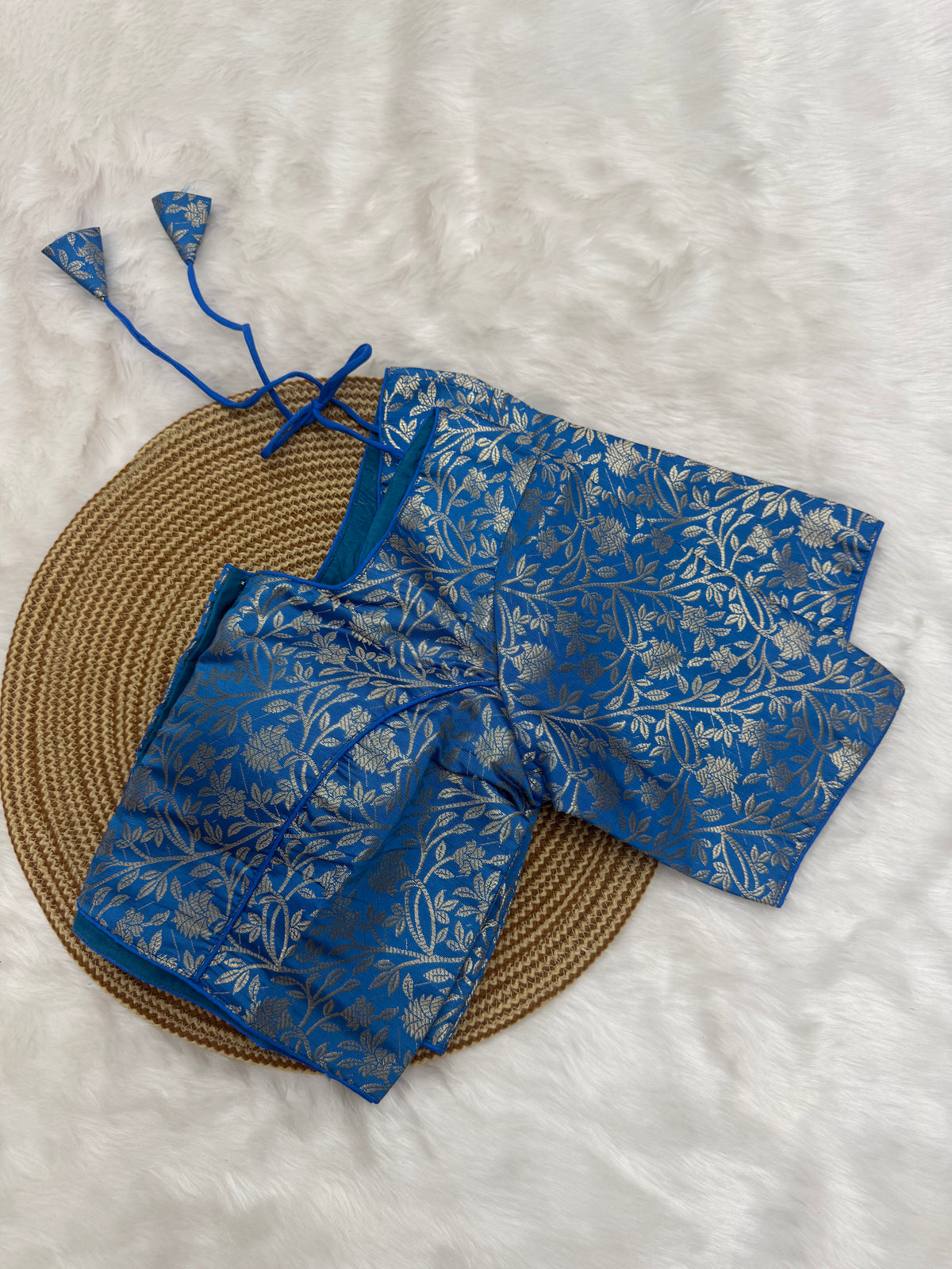 DESIGNER JACQUARD READY TO WEAR SAREE BLOUSE - BLUE