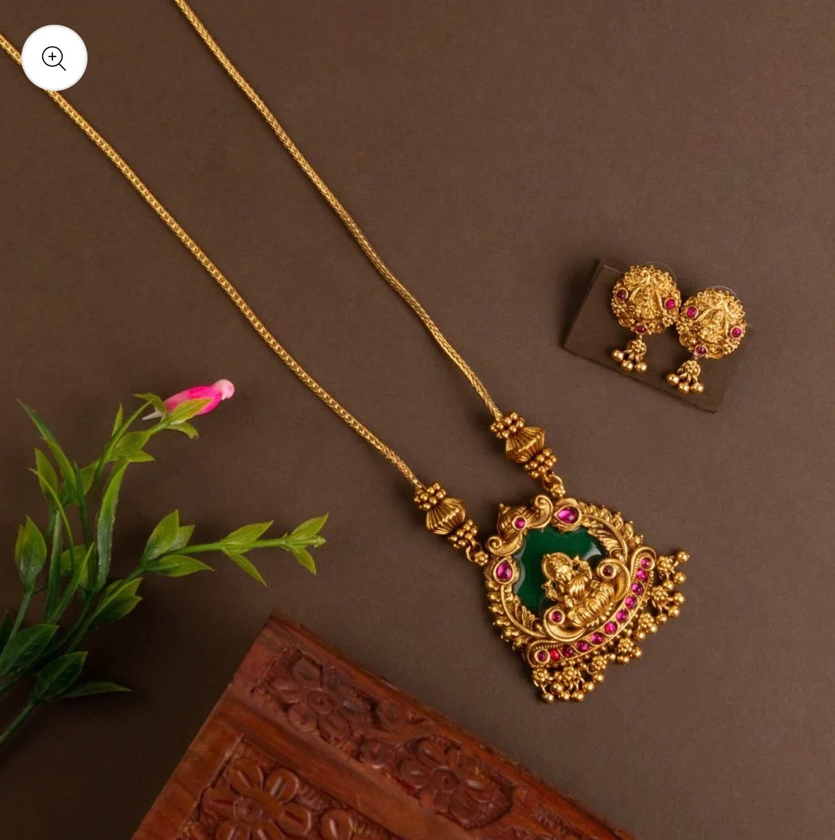 GOLD TONNED LAXMI PENDANT LONG NECKLACE - RUBY+GREEN