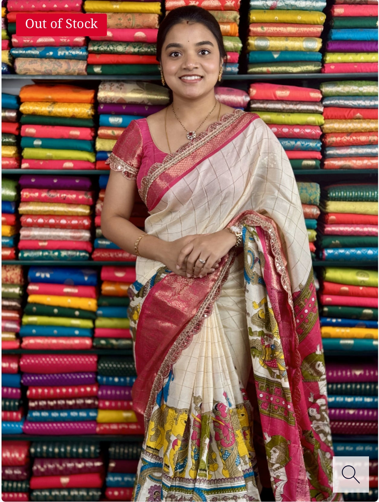 FANCY SILK SCALLOP LESS BORDER KALAMKARI PRINT CREAM AND PINK SAREE