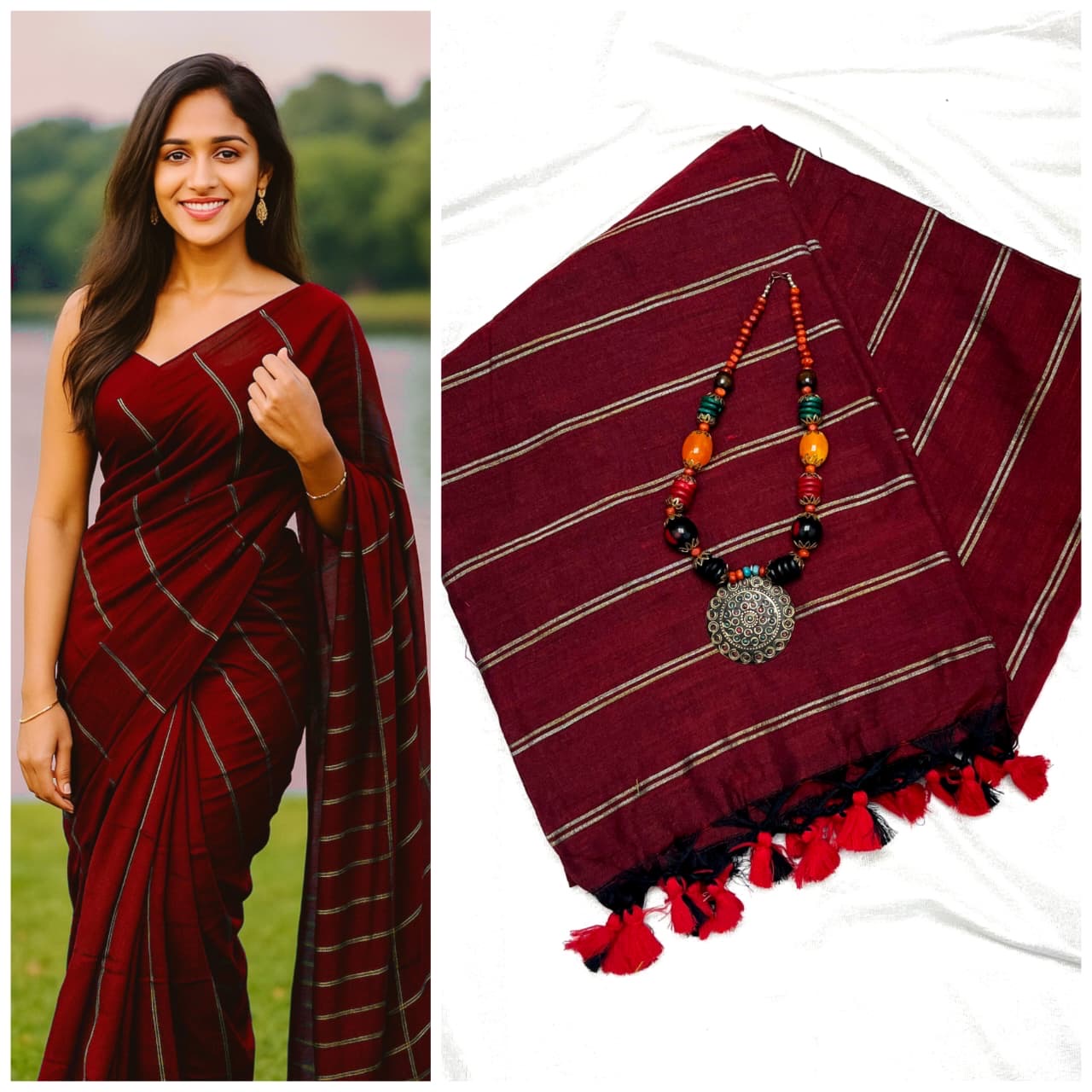PREMIUM DUAL STRIPE KHADI COTTON SAREES - MAROON