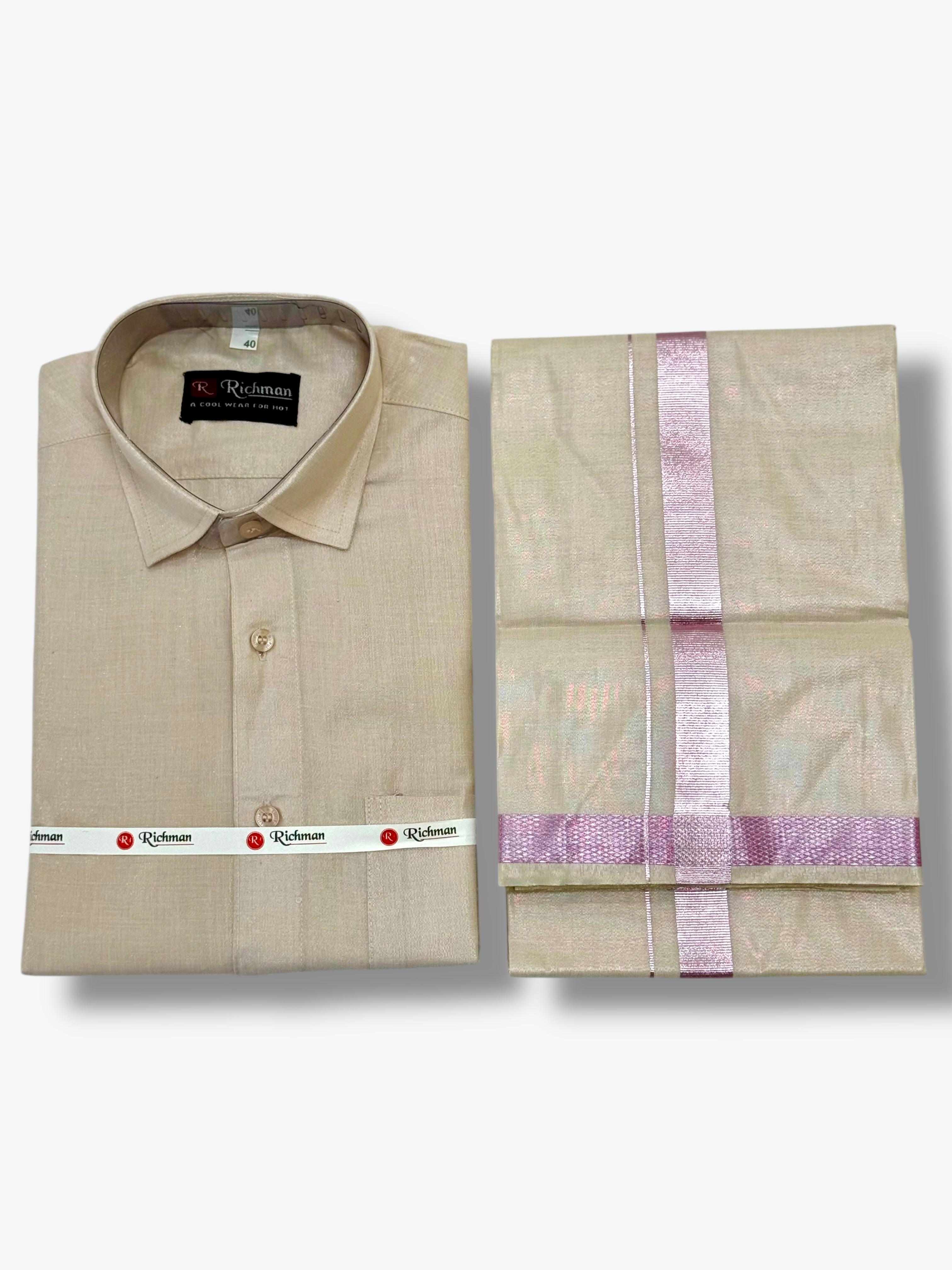MEN'S PREMIUM TISSUE COPPER SINGLE DHOTI & SHIRT SET - ROSE GOLD