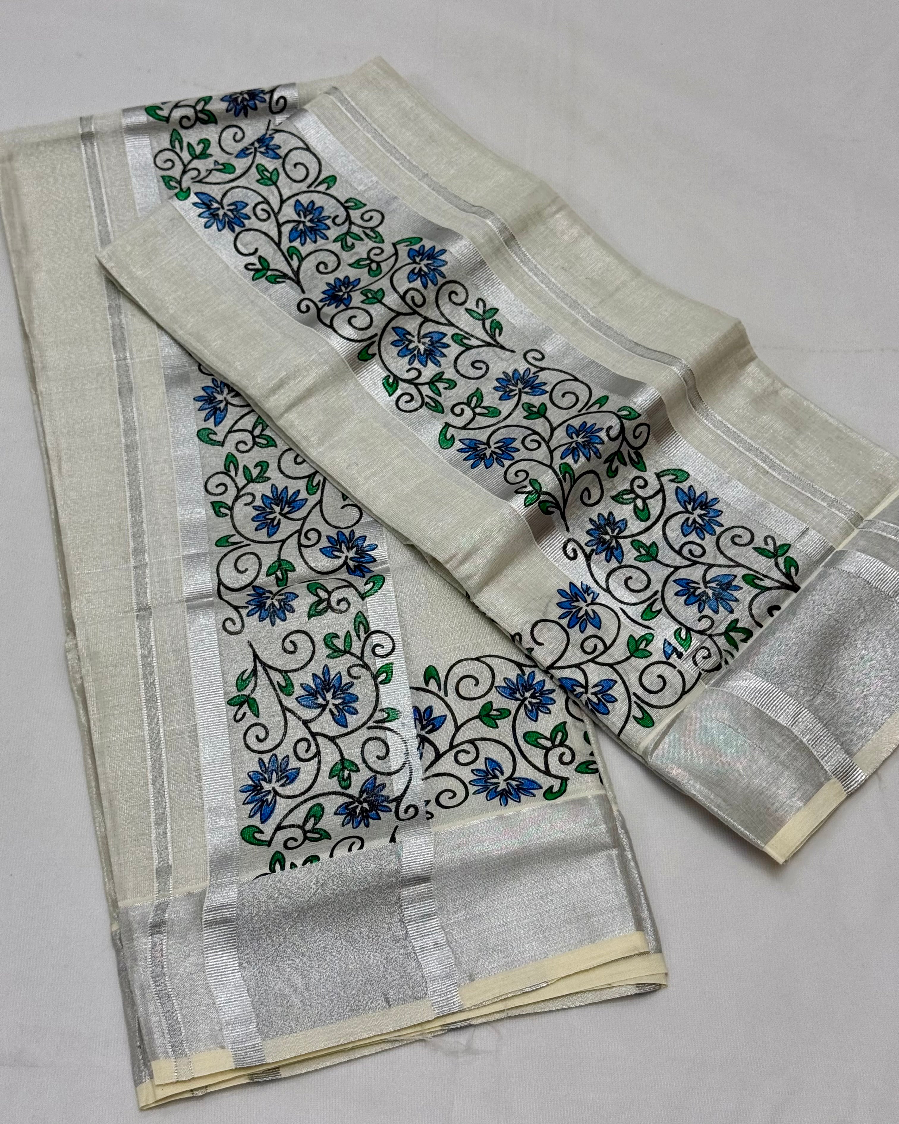 FLORAL TISSUE SINGLE SET MUNDU (MUNDUM NERIYATHUM) - 2 X 2.80 MTRS - SILVER