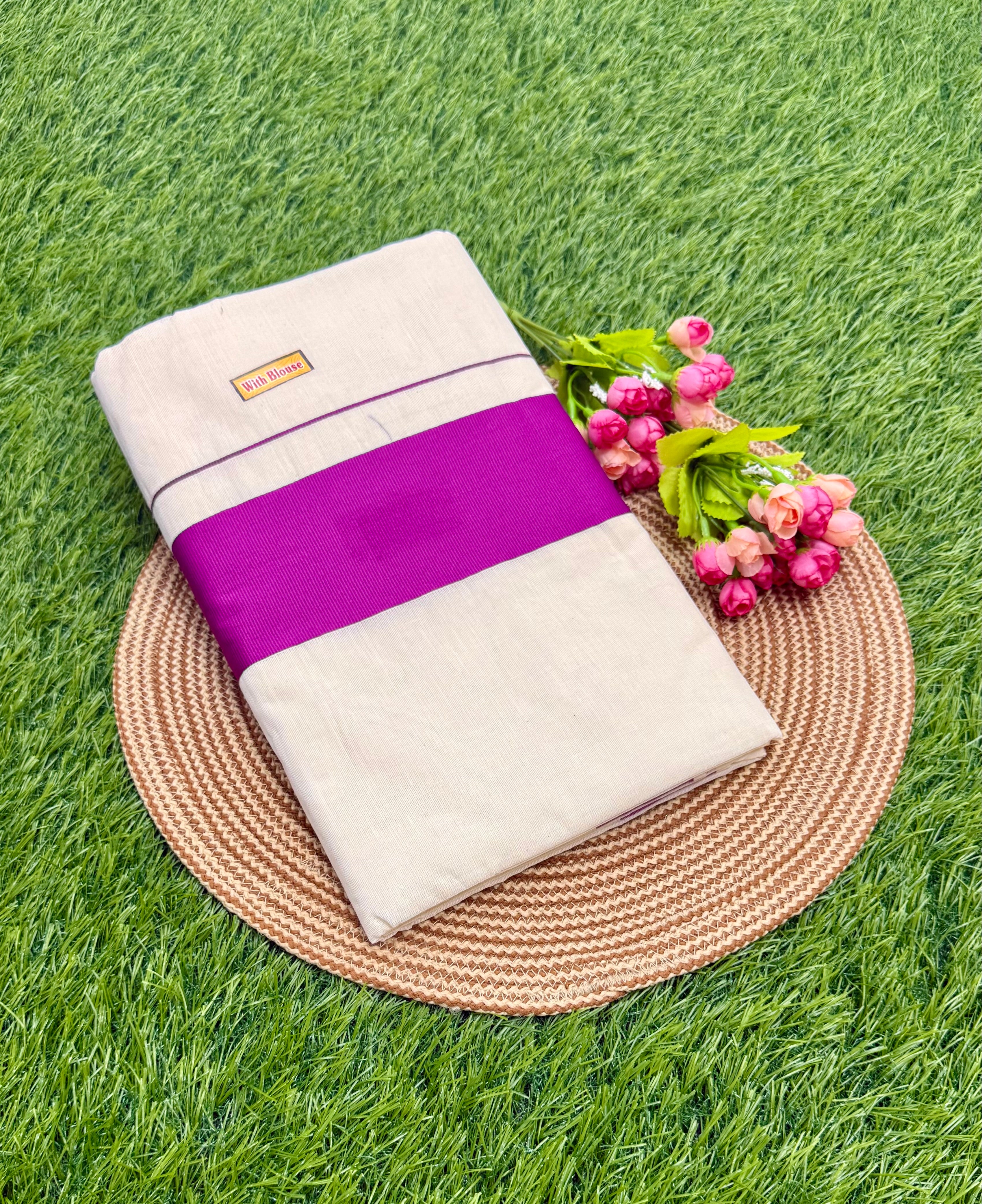 KASAVU COTTON OFF WHITE SAREE - PINK