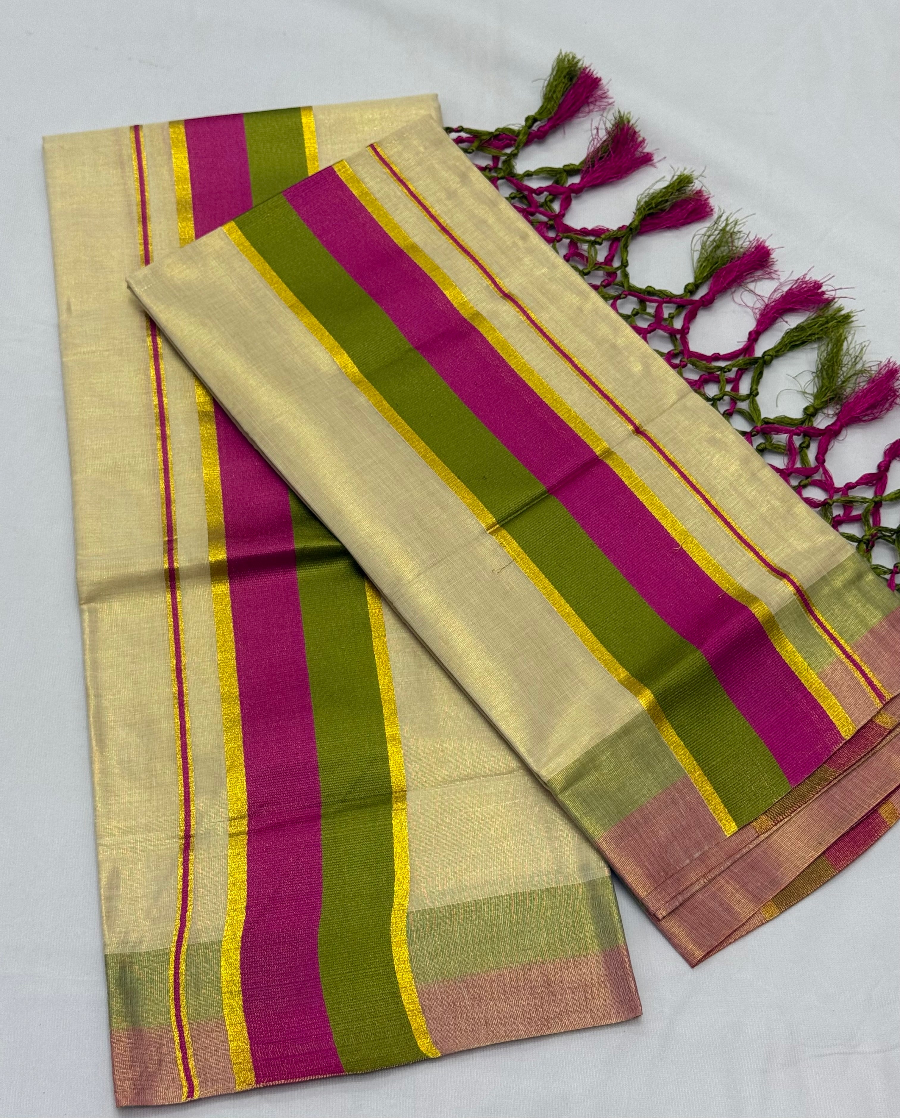 TISSUE SINGLE SET MUNDU (MUNDUM NERIYATHUM) WITH KARA BORDER - 2 X 2.80 MTRS - (CREAM,MULTI)