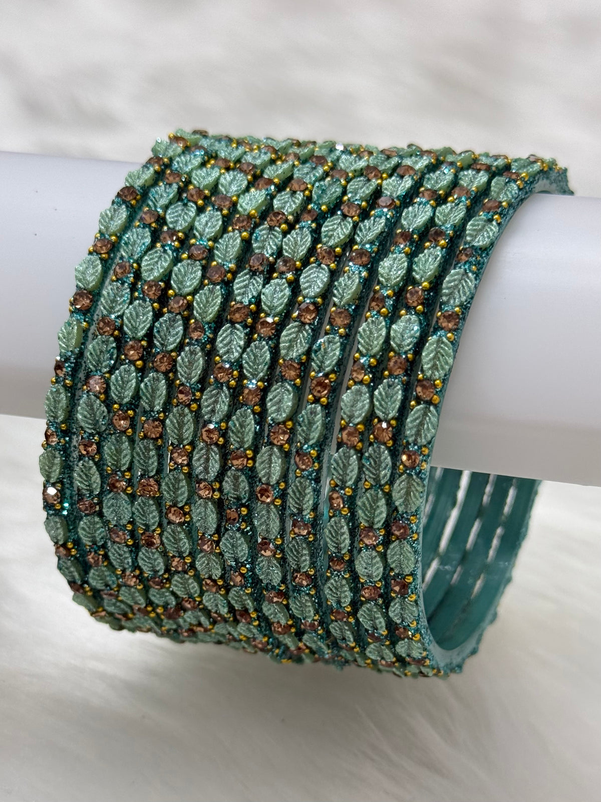 PREMIUM LEAF DESIGN STONE STUDDED GLASS BANGLES PACK OF 12