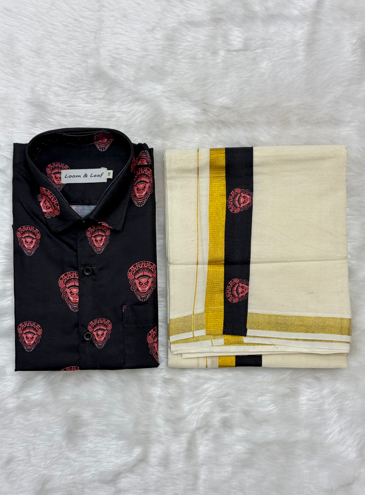 PREMIUM CULTURAL PRINTED SHIRT & MUNDU COMBO - BLACK