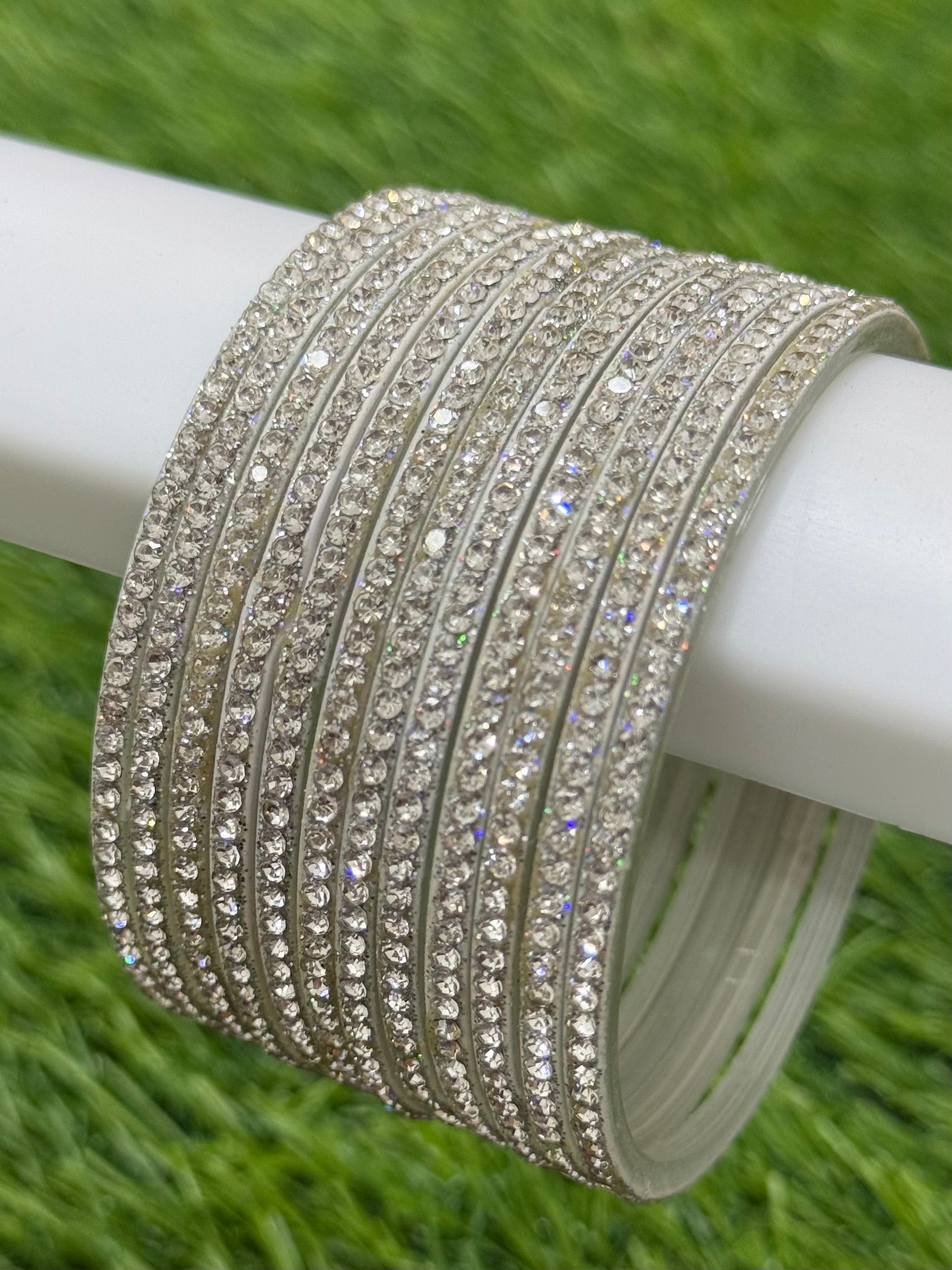 CUBIC WORK GLASS BANGLES - SILVER (PACK OF 12)