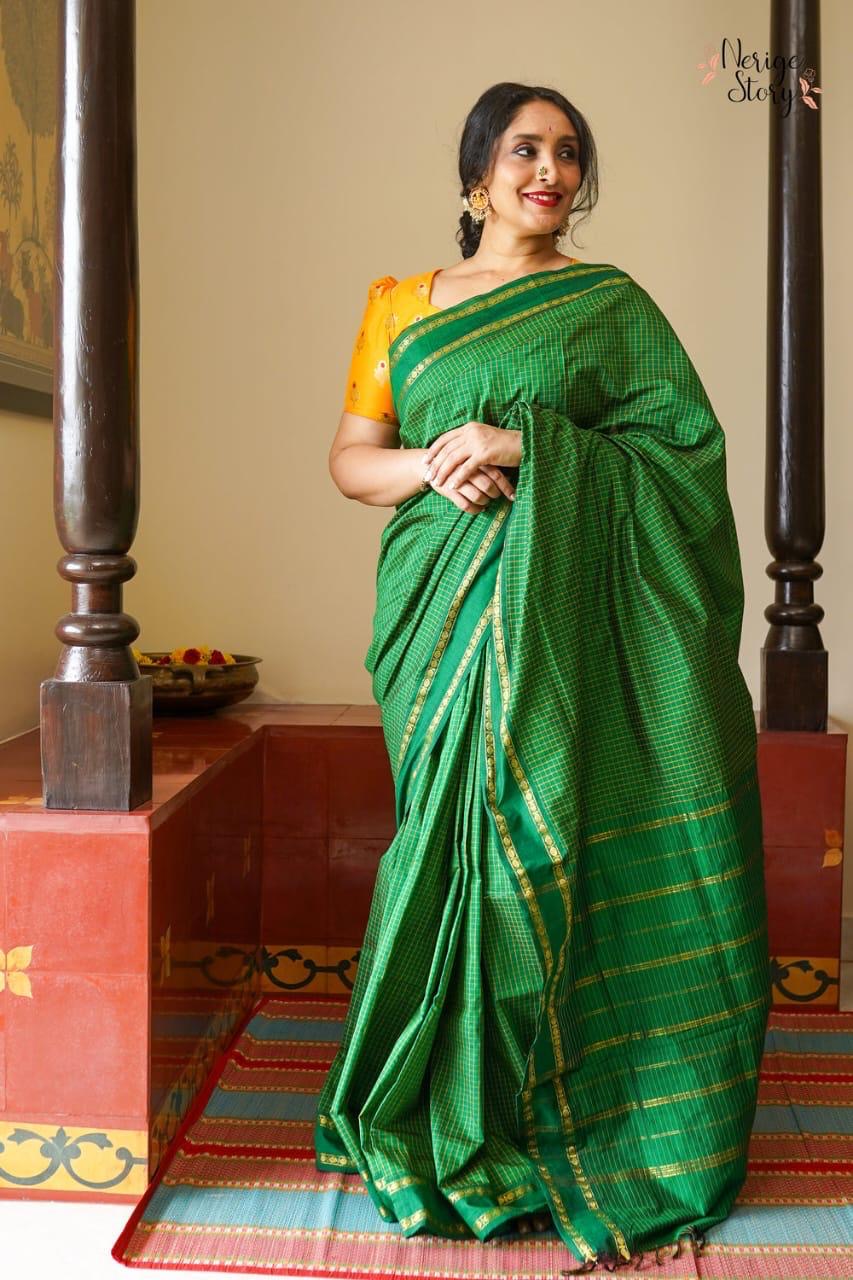 PREMIUM CHECKED COTTON SAREE - GREEN