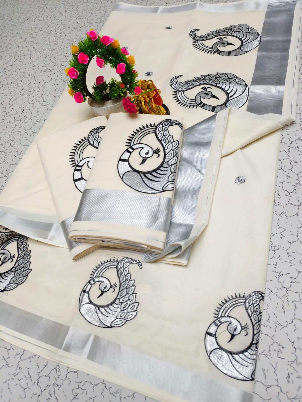 EMBROIDERED KERALA KASAVU COTTON SAREE(SILVER)
