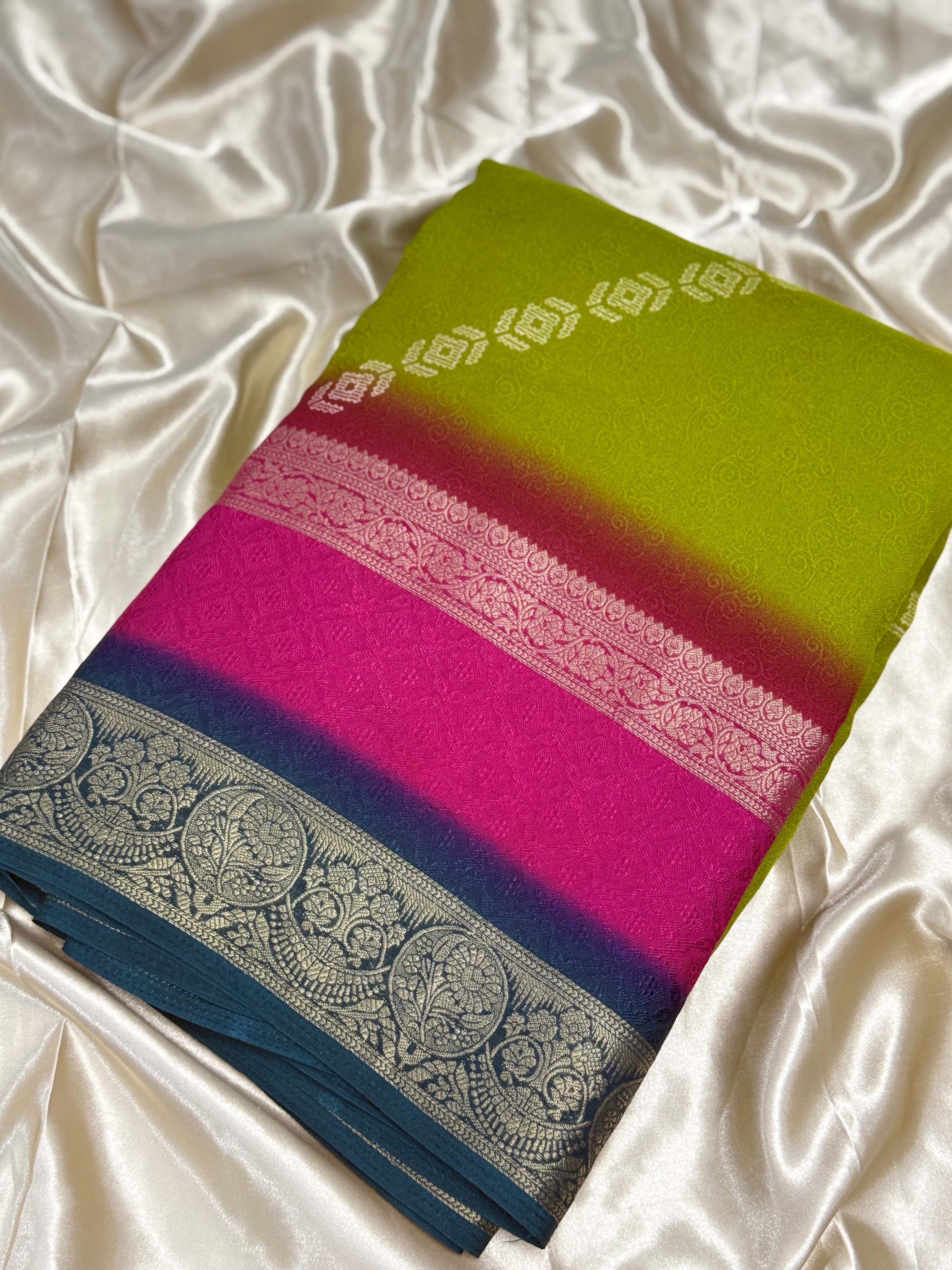 DUPION GEORGETTE SAREE - OLIVE GREEN