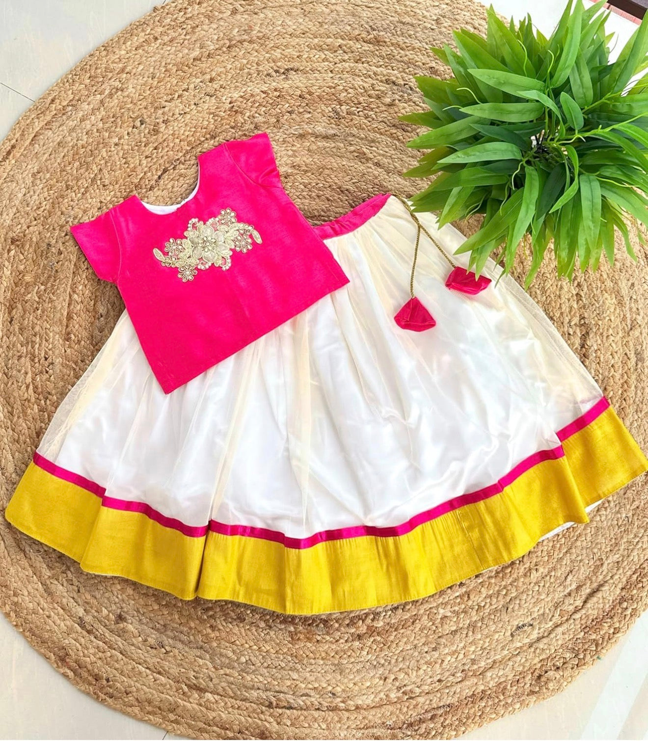 GIRLS COTTON SILK READYMADE LEHENGA CHOLI SET - RANI PINK & CREAM