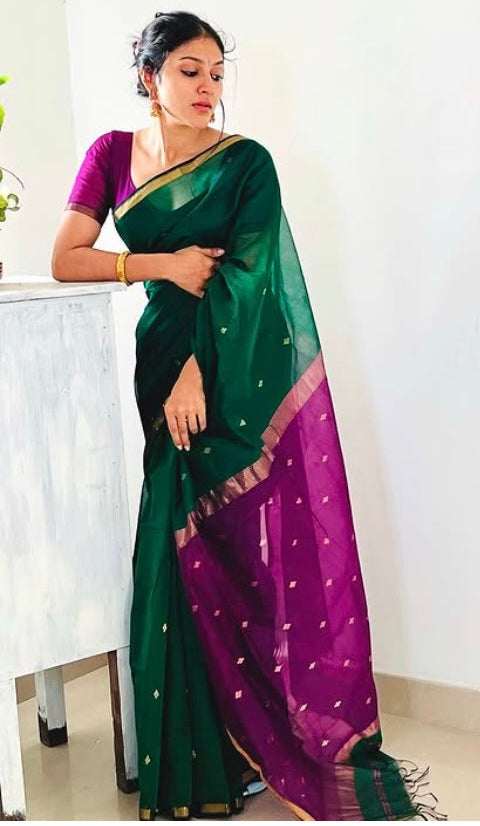 MAHESHWARI COTTON SILK SAREE - CASTLEON GREEN