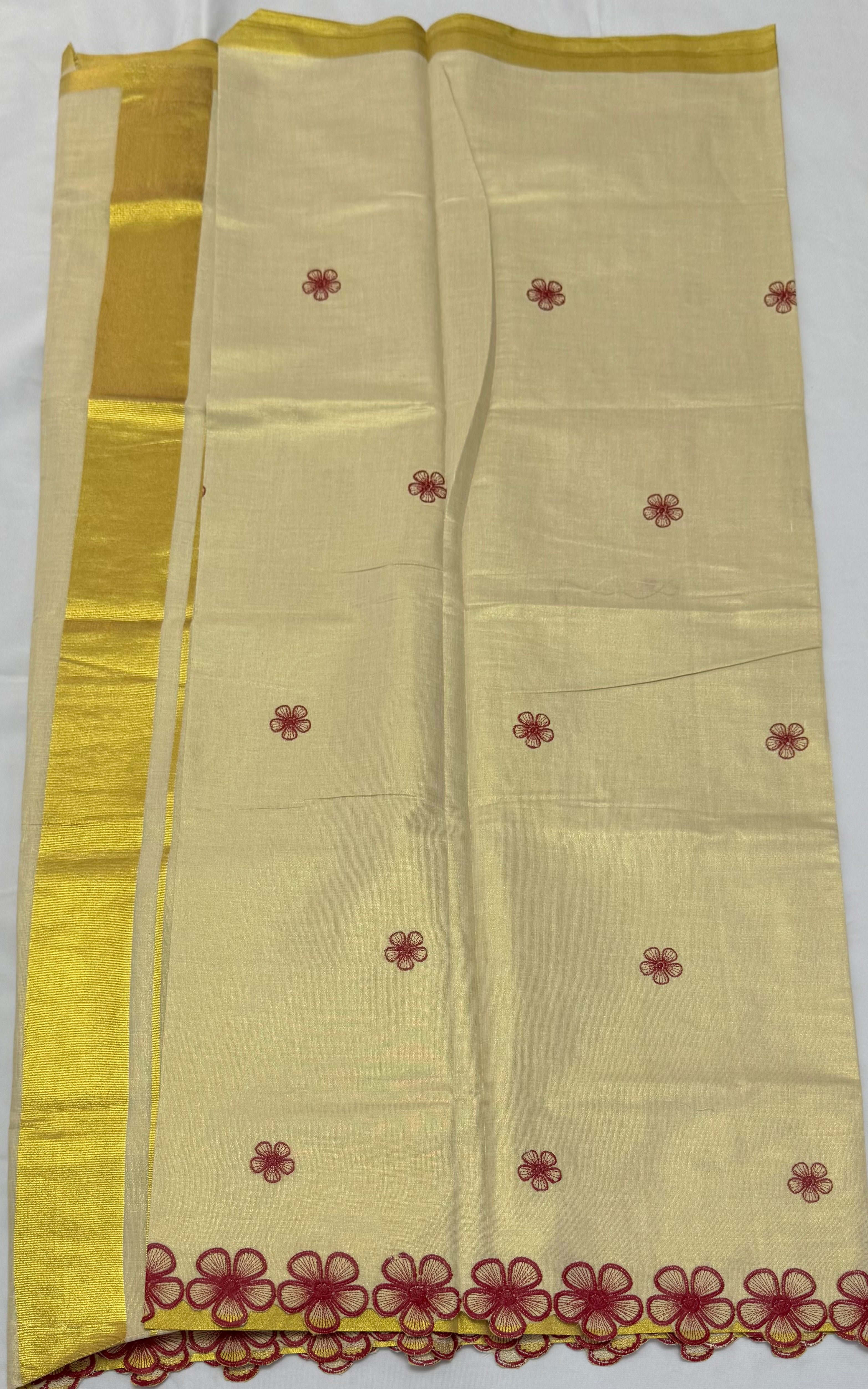 EMBROIDERED LACE WORK KASAVU TISSUE SAREE - (MAROON,CREAM,GOLD)