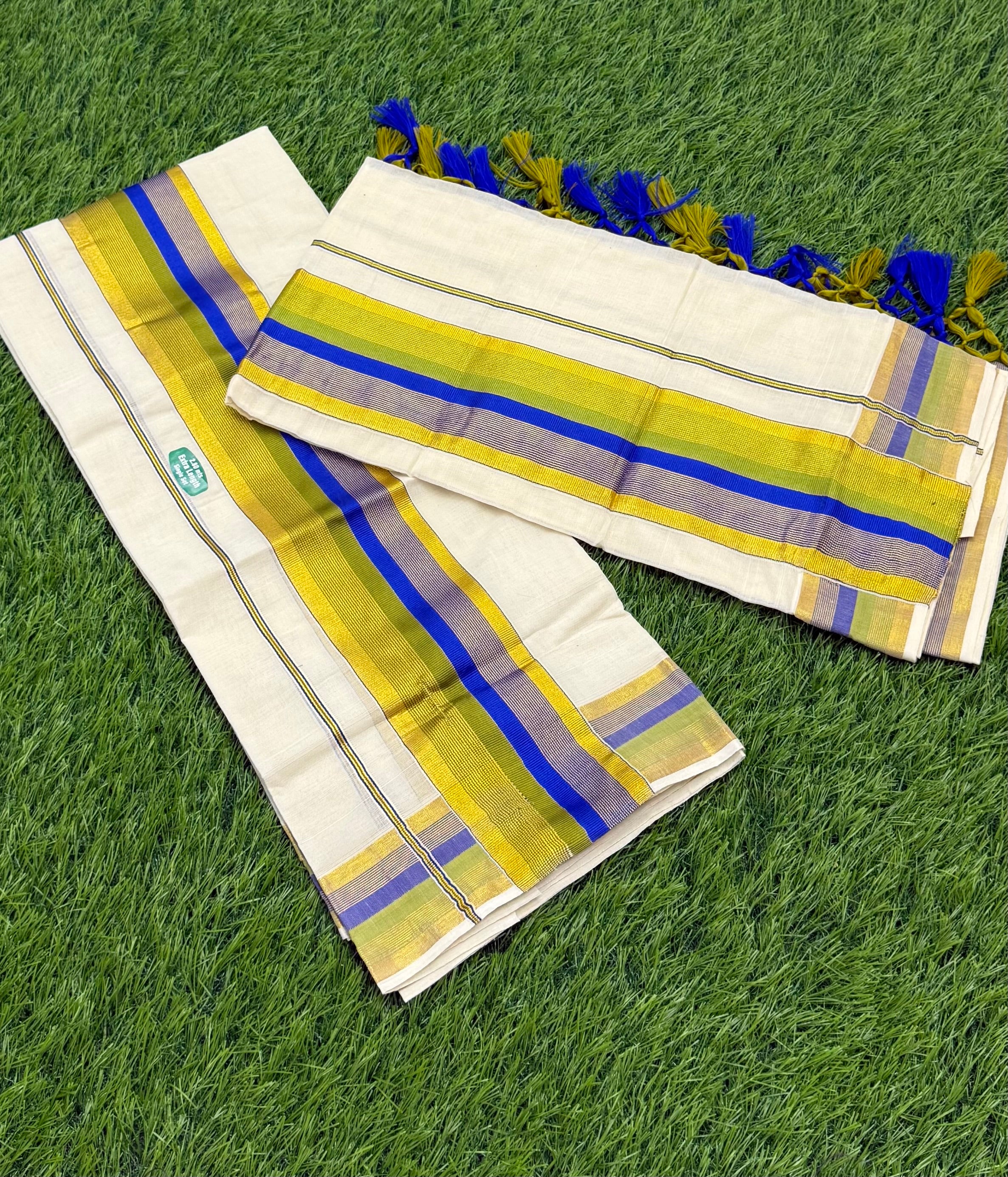 KASAVU COTTON STRIPE PATTERN SINGLE SET MUNDU (MUNDUM NERIYATHUM) - 2 X 2.80 MTRS - (OFF WHITE)