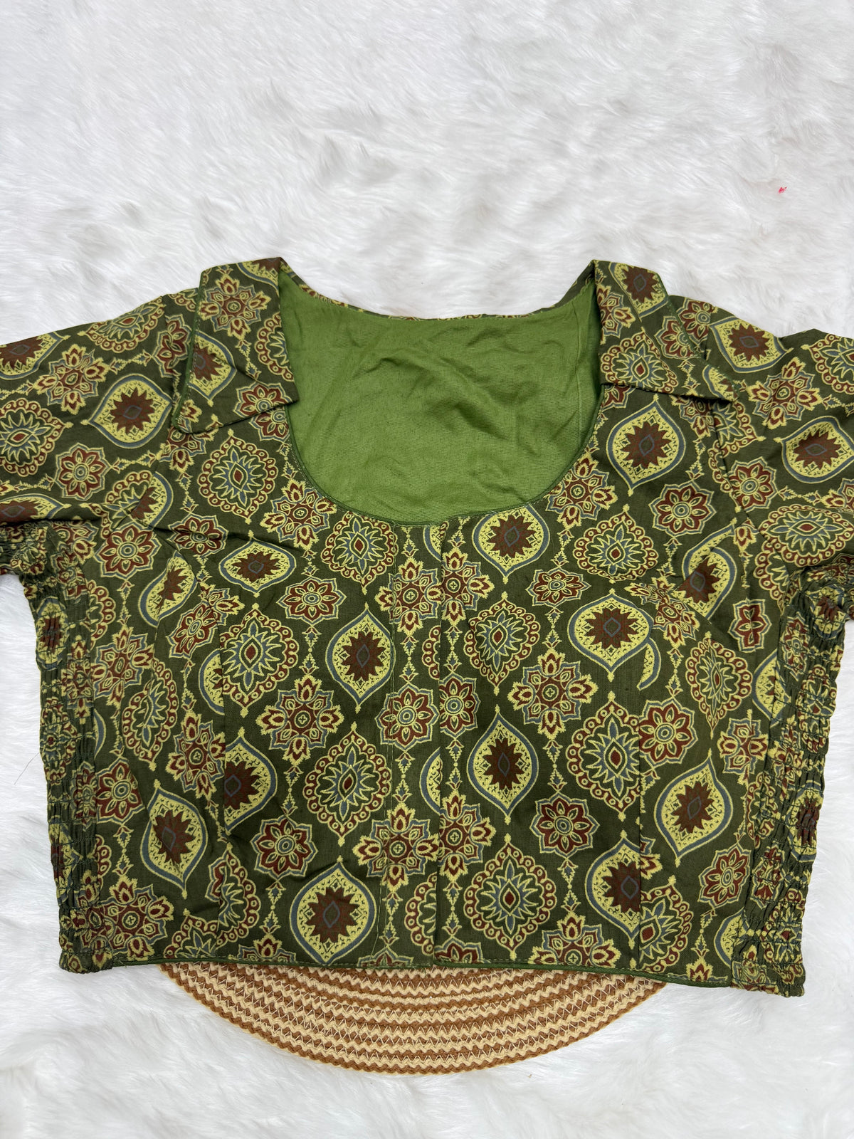 HIGH NECK COTTON READYMADE BLOUSE - OLIVE GREEN