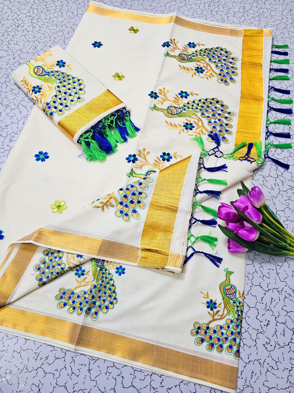 KERALA KASAVU EMBROIDERED COTTON SAREE - GOLD