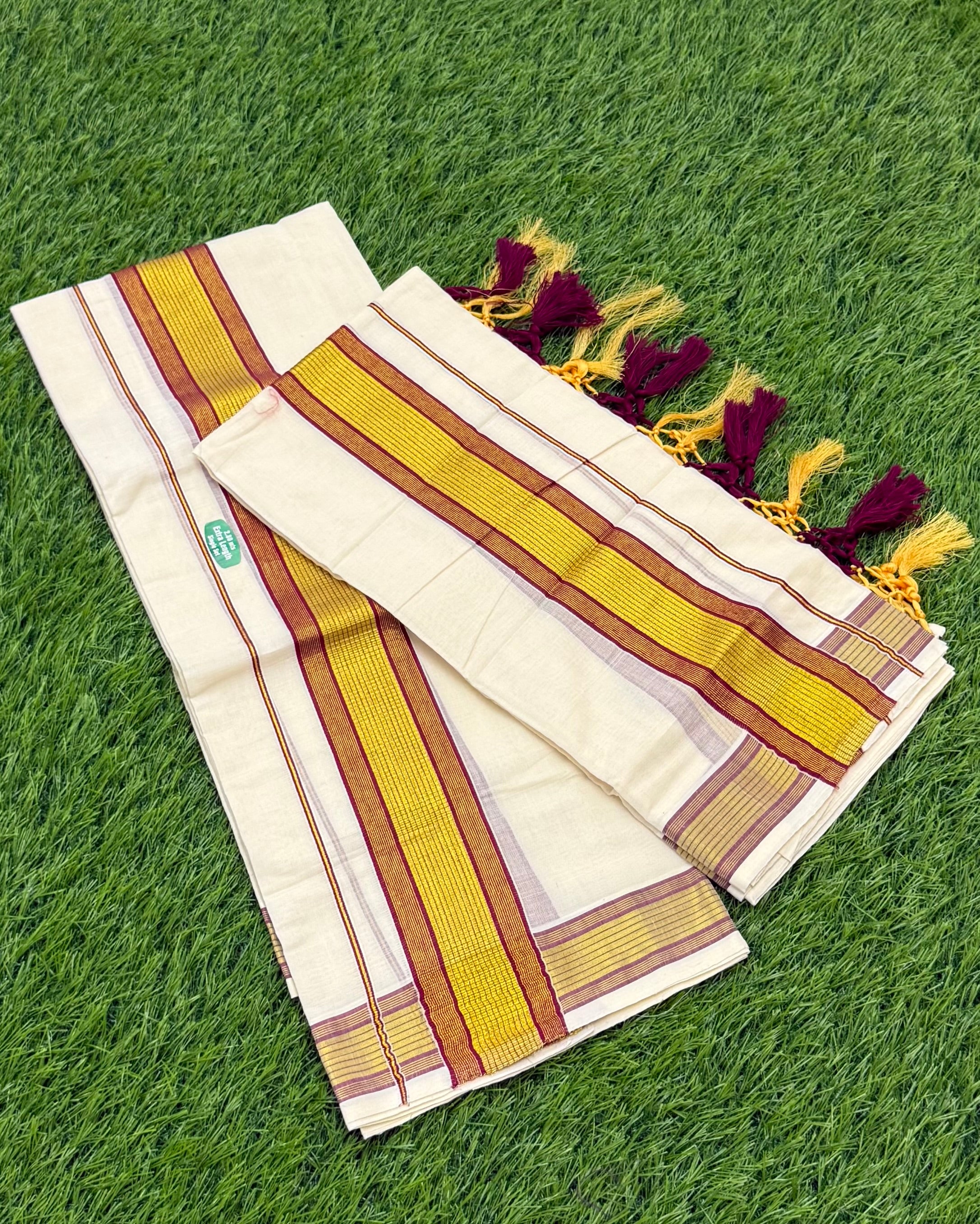 KASAVU COTTON STRIPE PATTERN SINGLE SET MUNDU (MUNDUM NERIYATHUM) - 2 X 2.80 MTRS - (OFF WHITE)