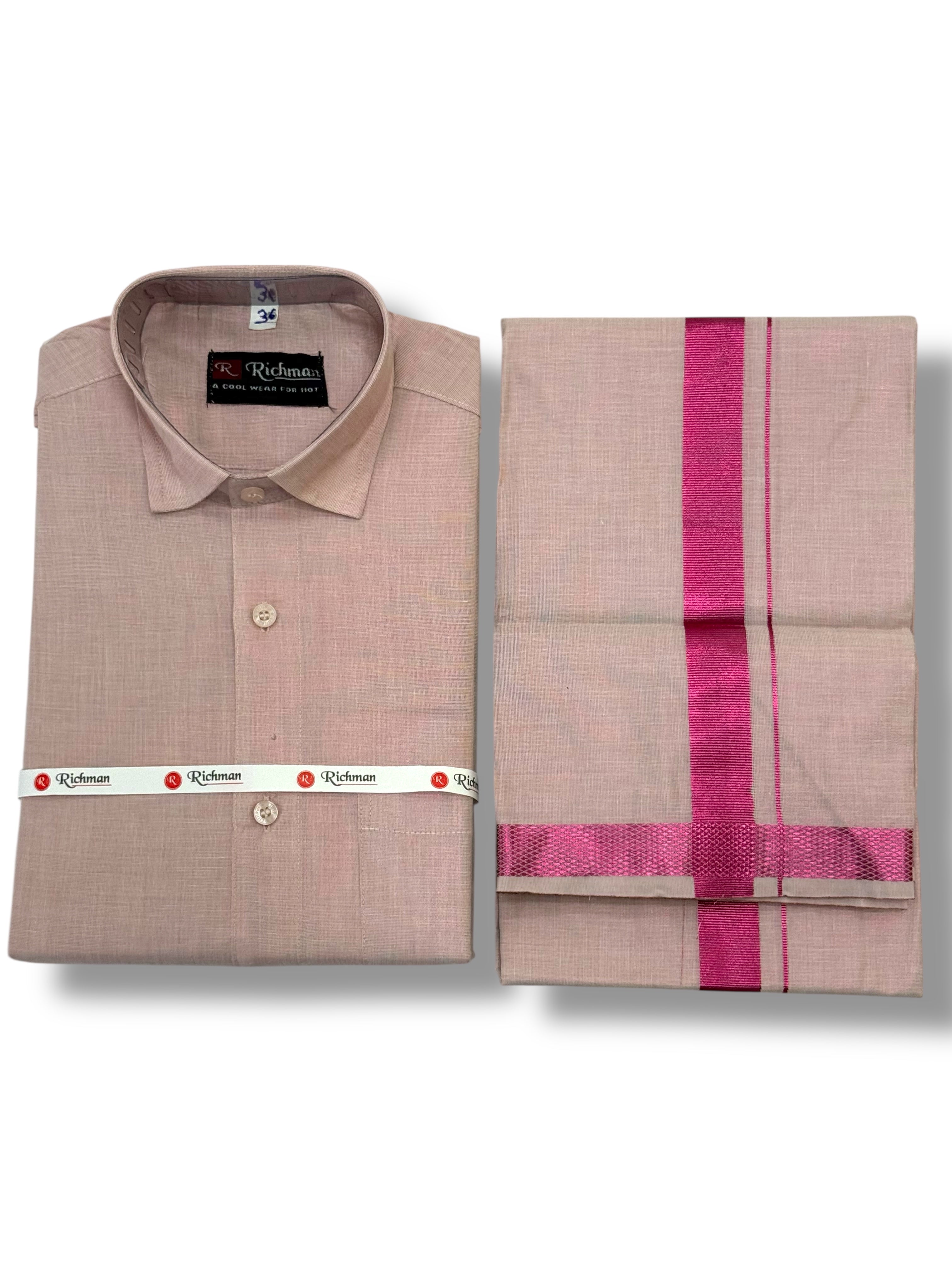 MEN'S PREMIUM TISSUE COPPER SINGLE DHOTI & SHIRT SET - PINK