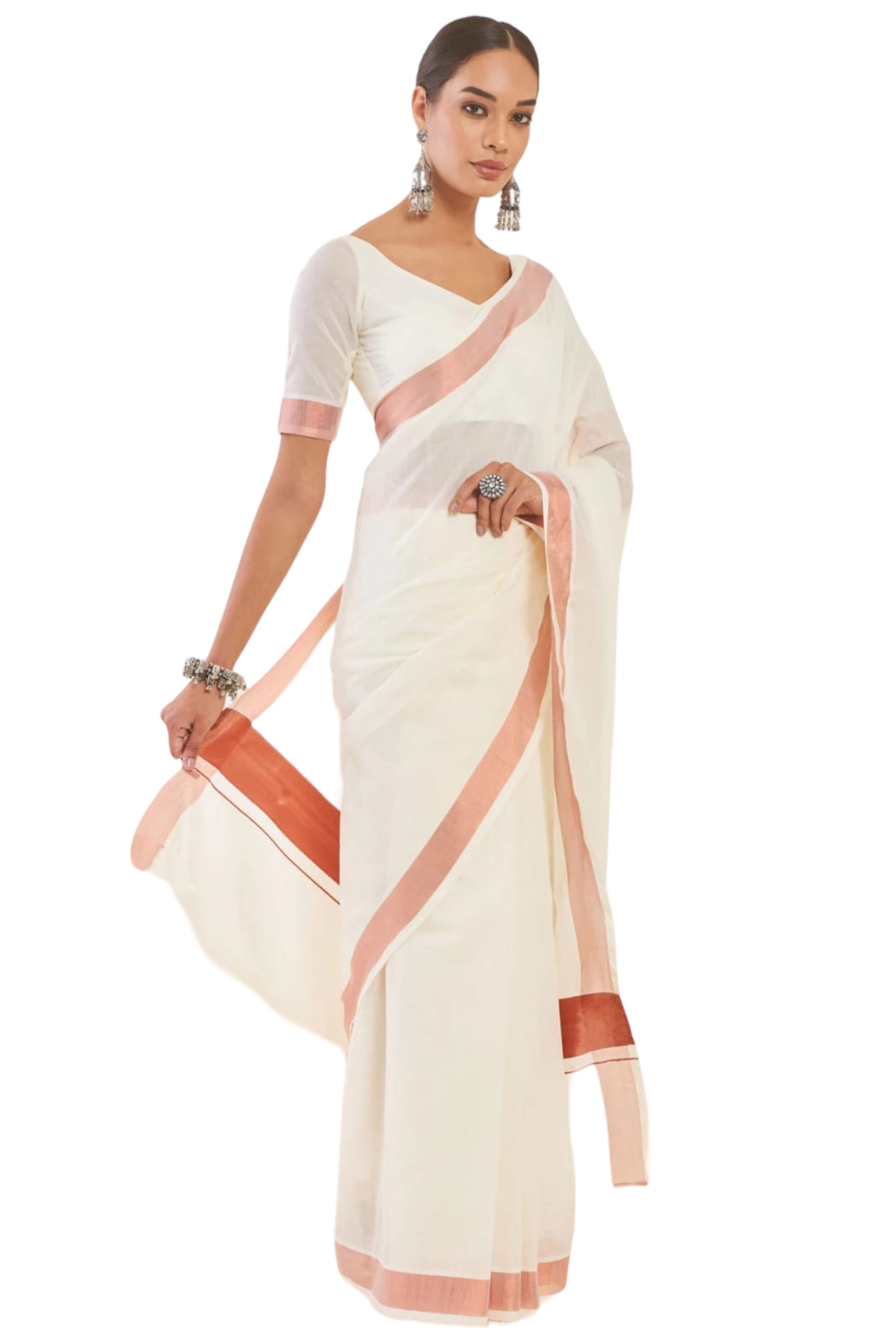 KASAVU COTTON OFF WHITE SAREE - COPPER BORDER
