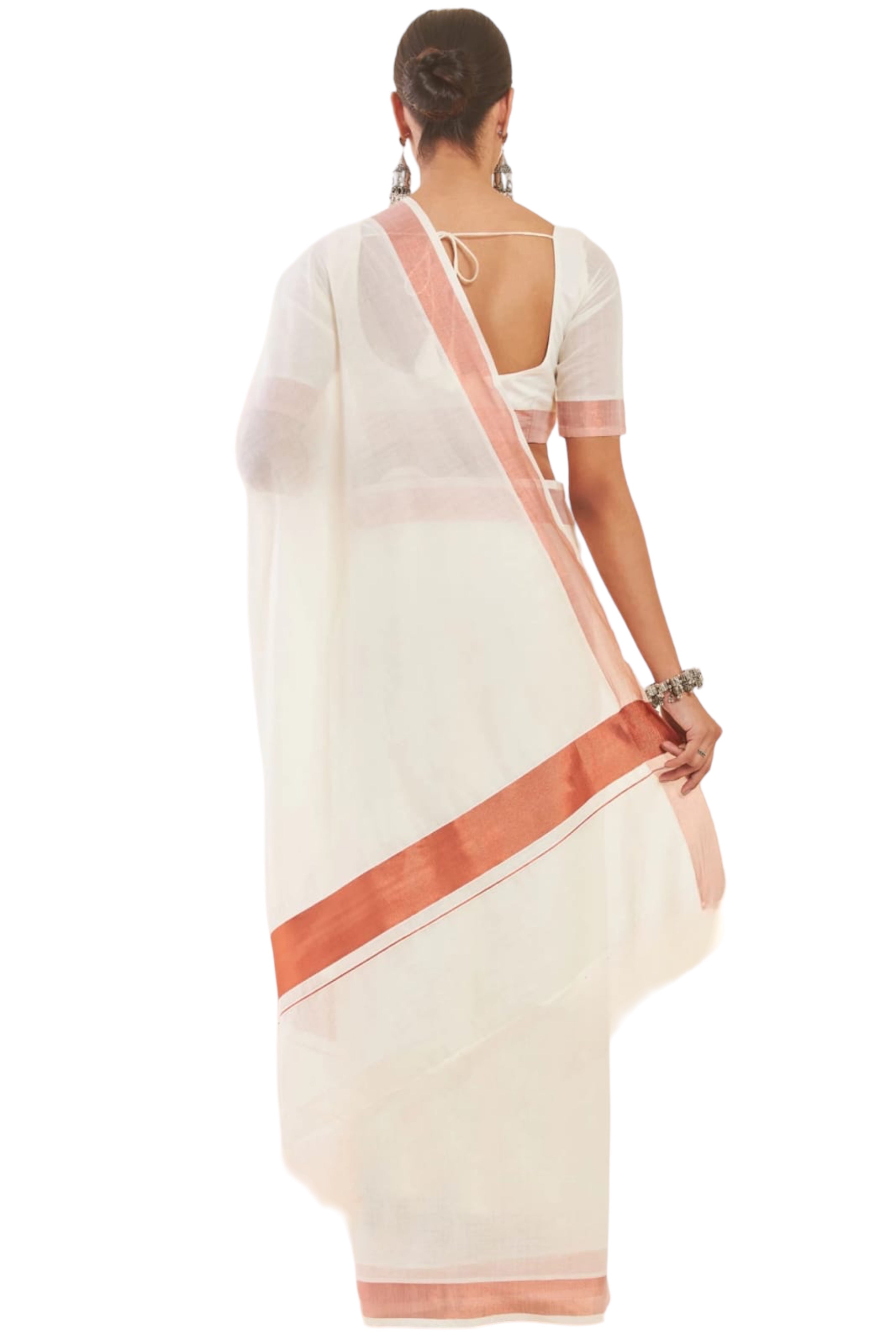 KASAVU COTTON OFF WHITE SAREE - COPPER BORDER