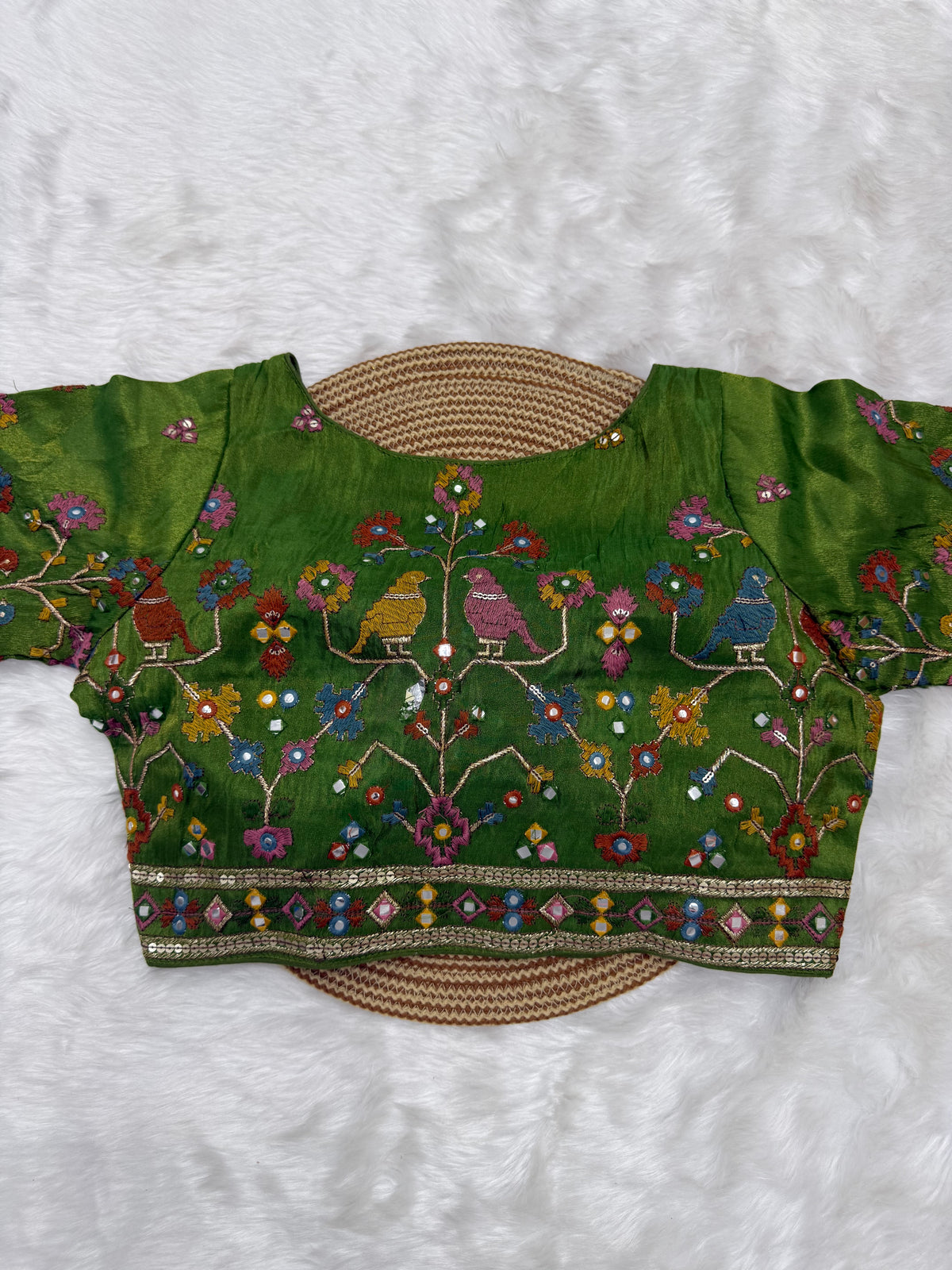 BRIDAL AARI WORK READY TO WEAR SAREE BLOUSE - OLIVE GREEN