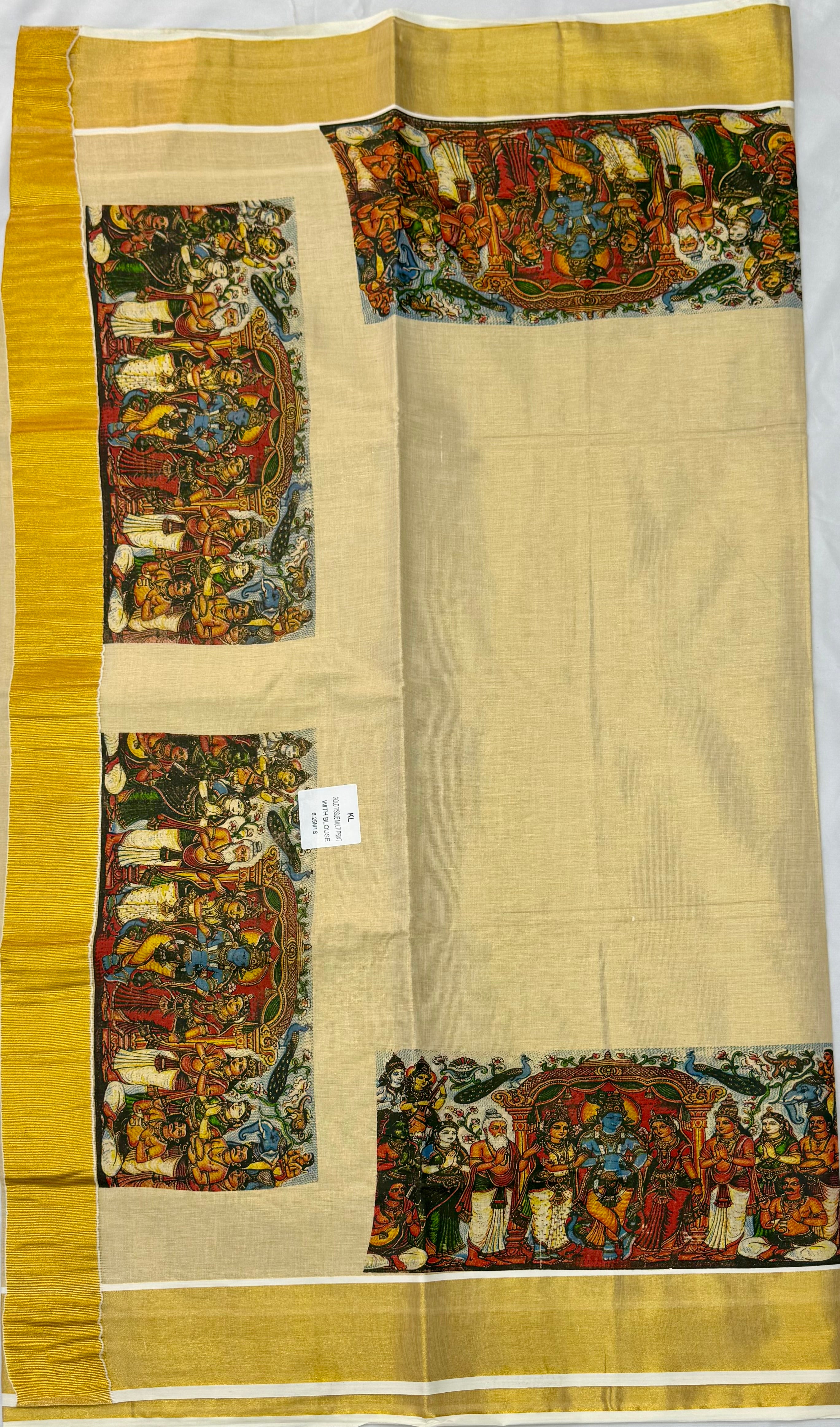 MURAL ART KASAVU TISSUE KERALA SAREE (GOLD,CREAM)