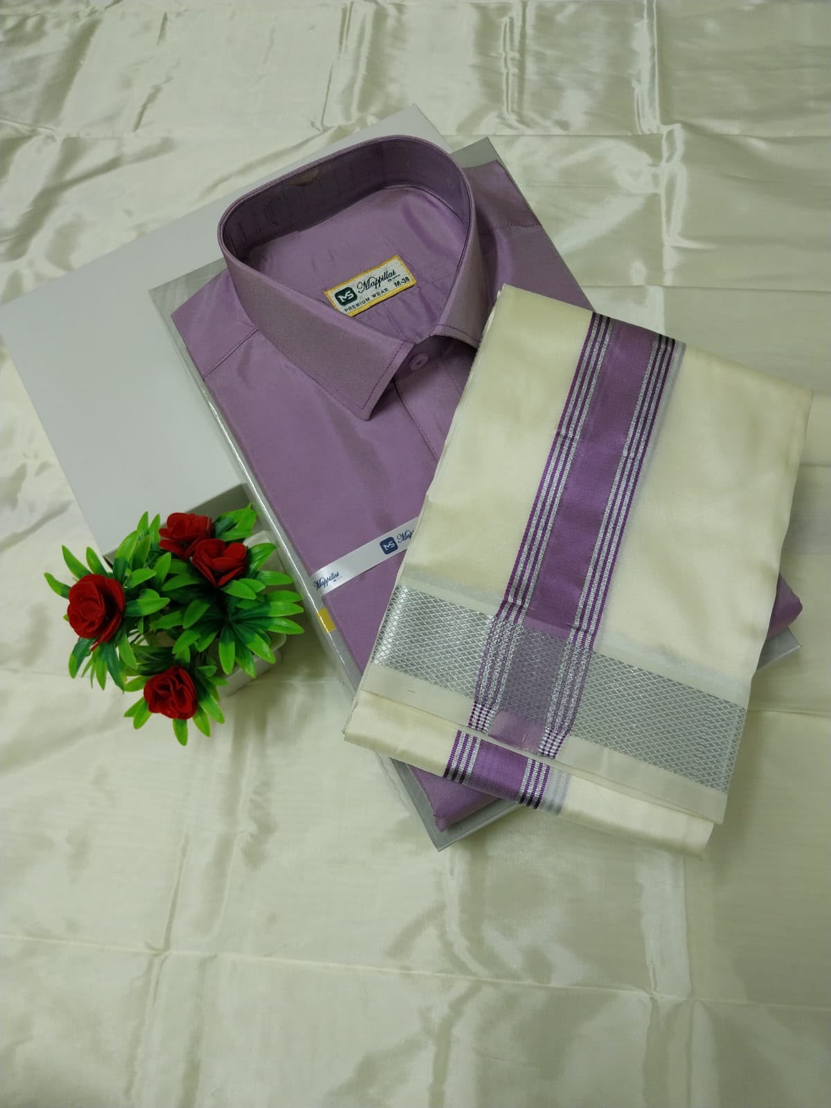 MEN'S PREMIUM SILK SHIRT & CREAM VELCRO DHOTI SET - DUSTY LAVENDER