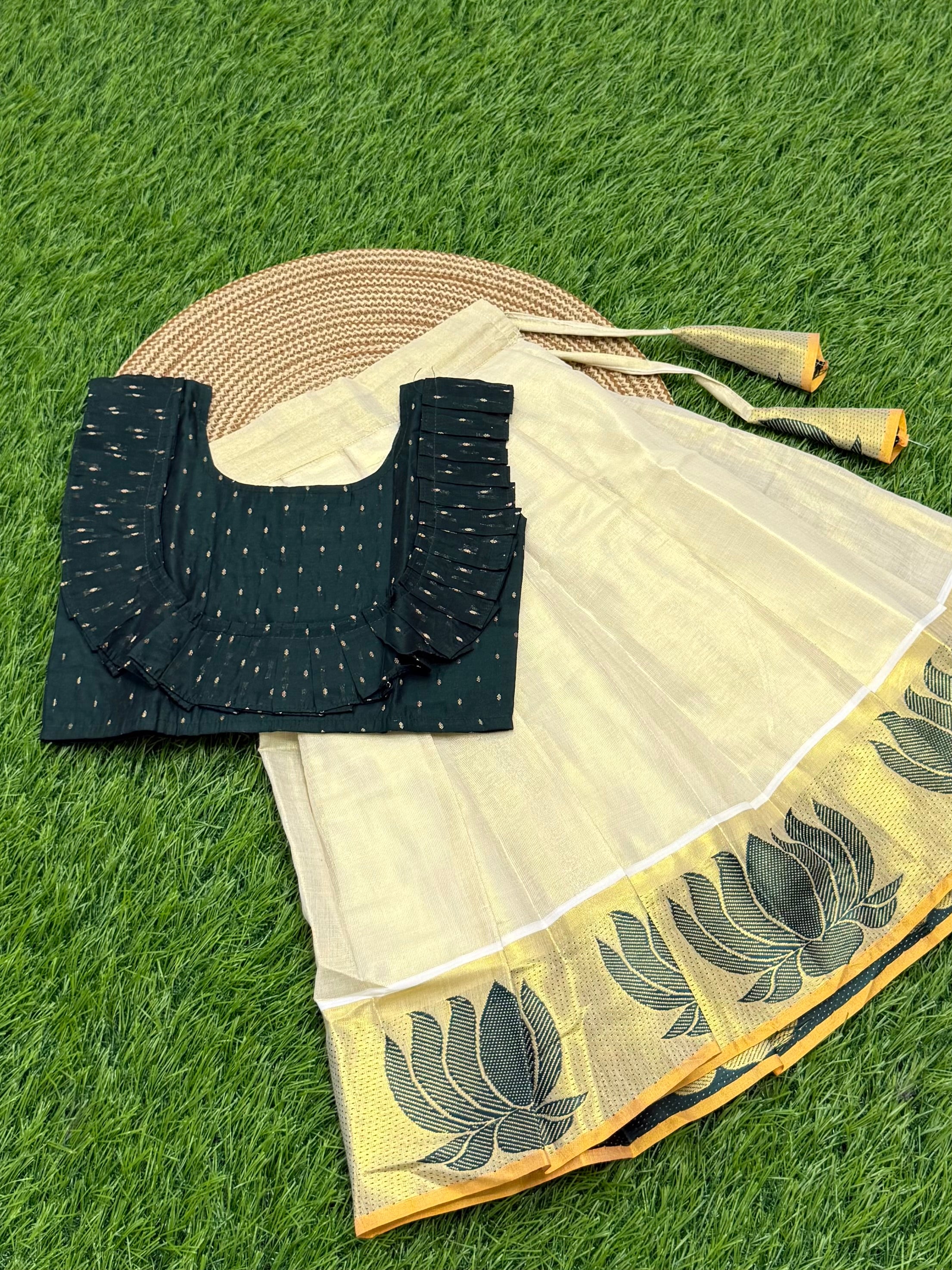 KIDS GIRL'S PATTU PAVADAI - CREAM & GREEN