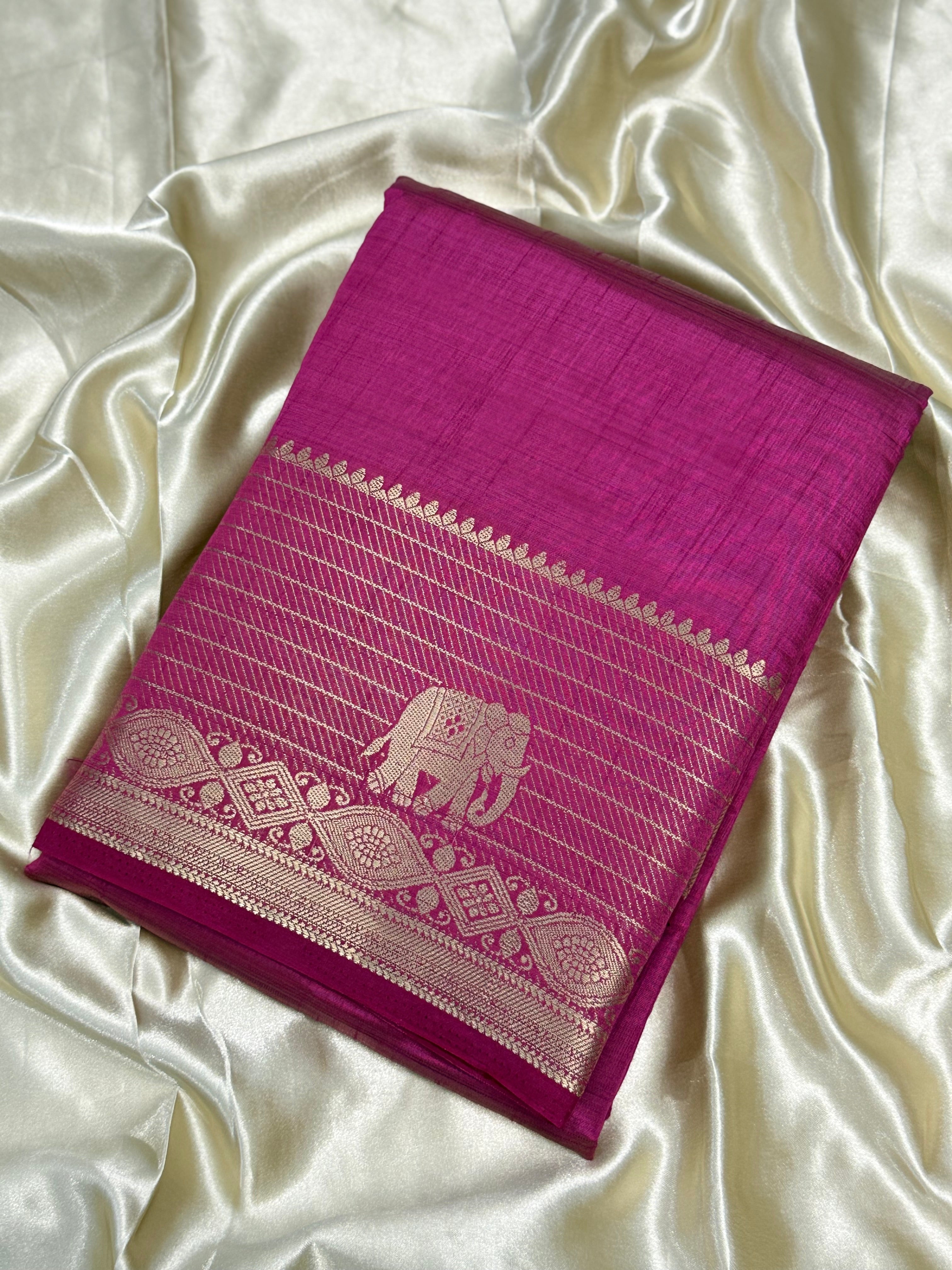 RAW SILK SAREE WITH BENTEX KALAMKARI BORDER - RANI PINK