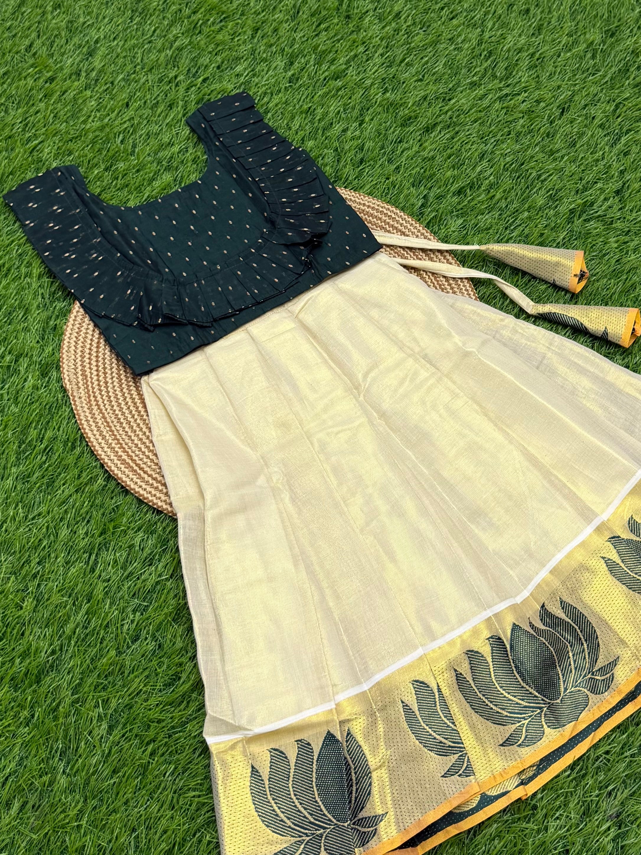 KIDS GIRL'S PATTU PAVADAI - CREAM & GREEN