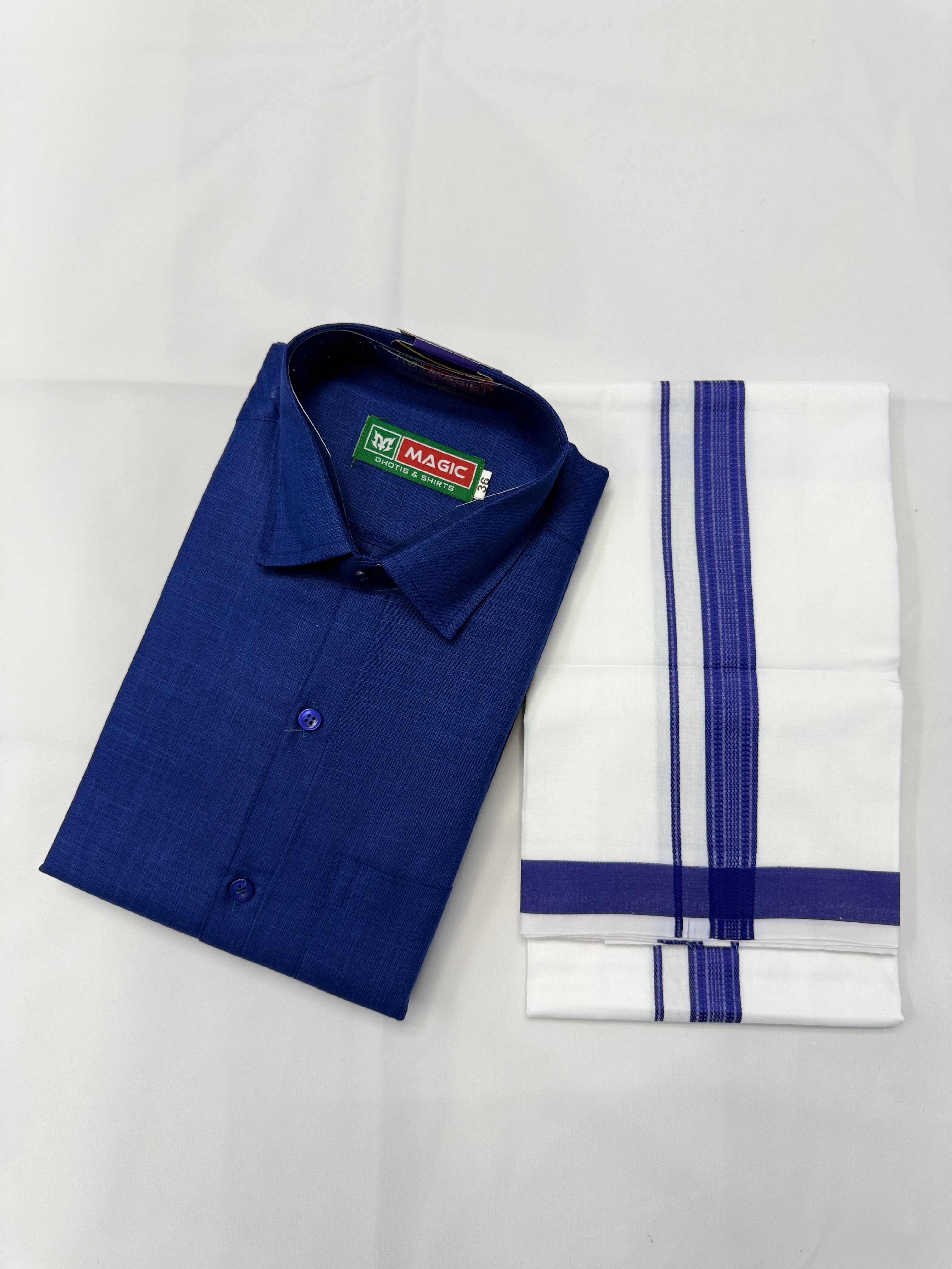 MEN'S MATCHING FANCY BORDER SINGLE DHOTI & SHIRT SET - BLUE