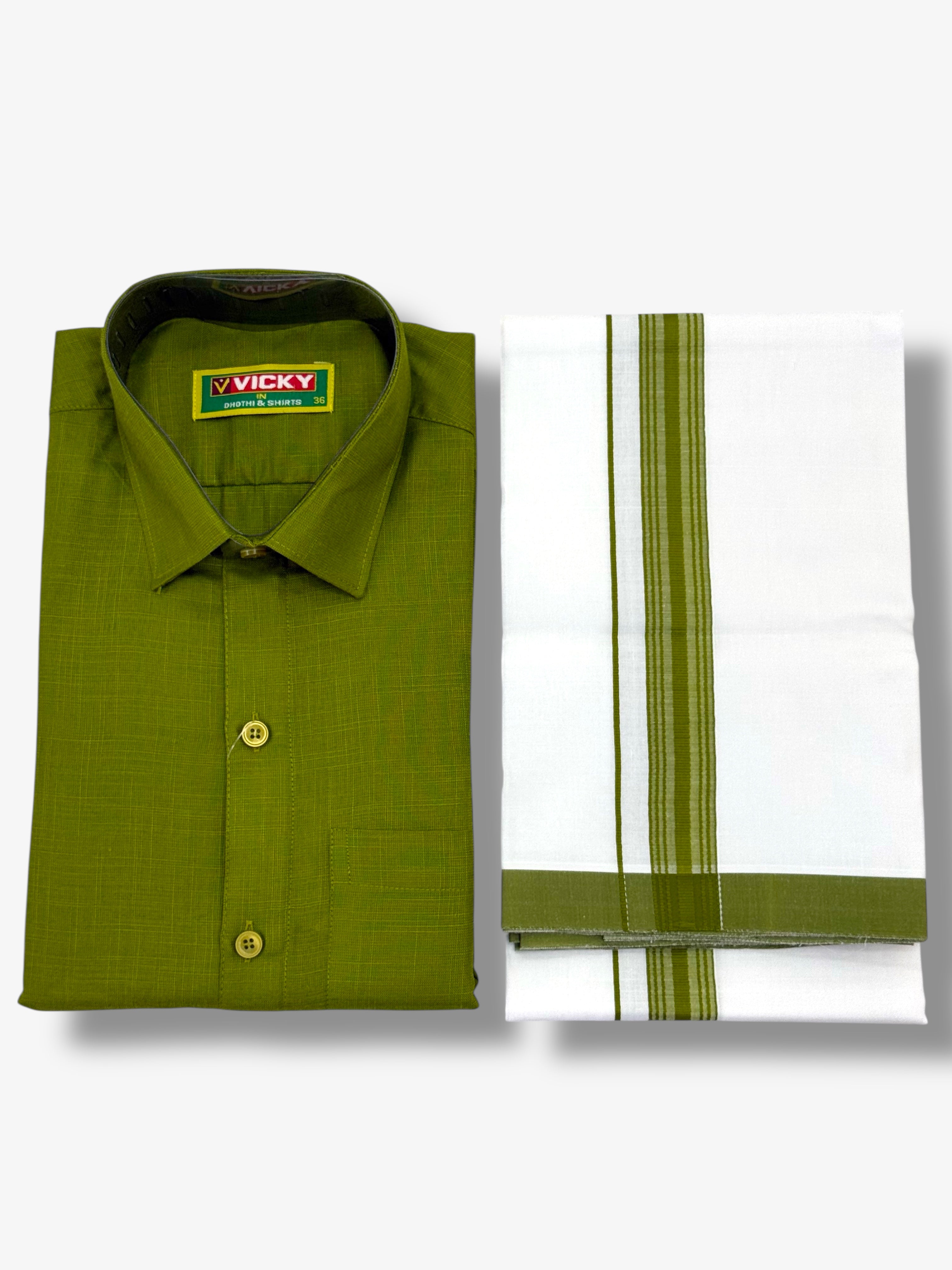 MEN'S MATCHING FANCY BORDER SINGLE DHOTI & SHIRT SET - OLIVE GREEN