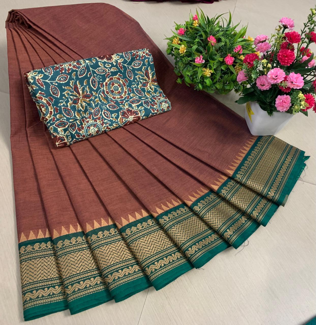 PURE KANCHI HANDLOOM COTTON SAREES - BRICK RED