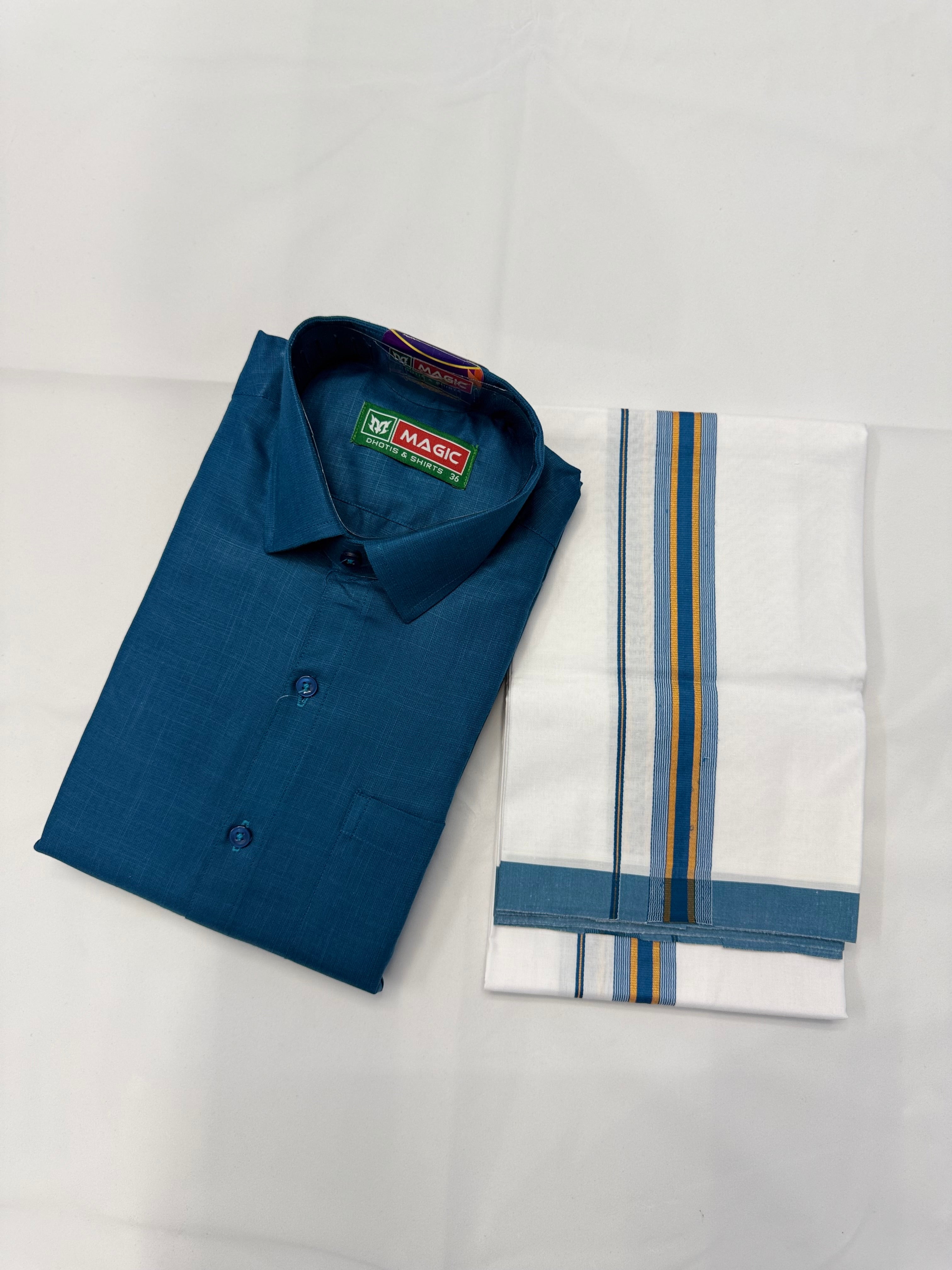 MEN'S MATCHING FANCY BORDER SINGLE DHOTI & SHIRT SET - PRUSSIAN BLE
