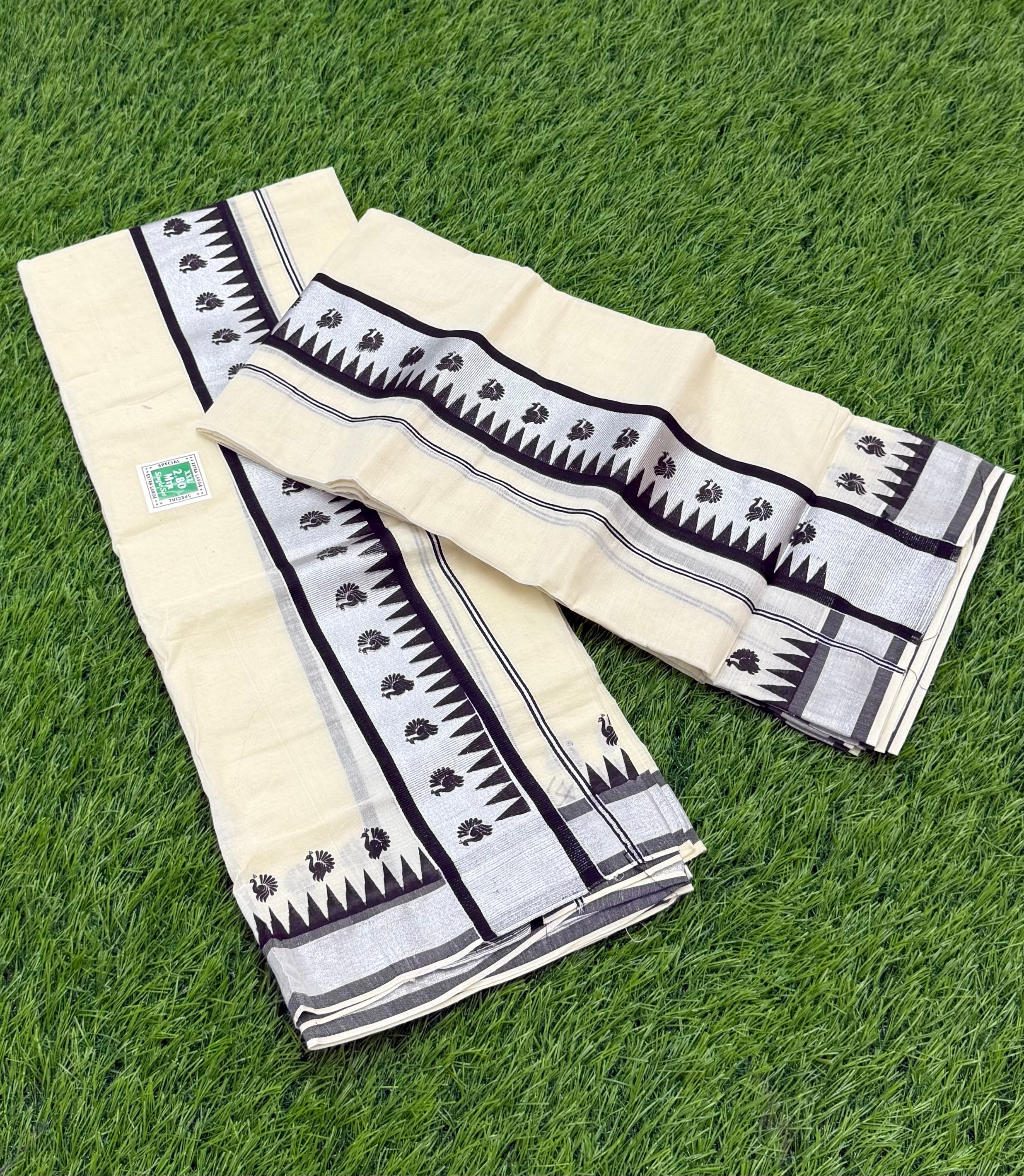 KASAVU COTTON FANCY SINGLE SET MUNDU (MUNDUM NERIYATHUM) - 2 X 2.80 MTRS - (OFF WHITE,SILVER)