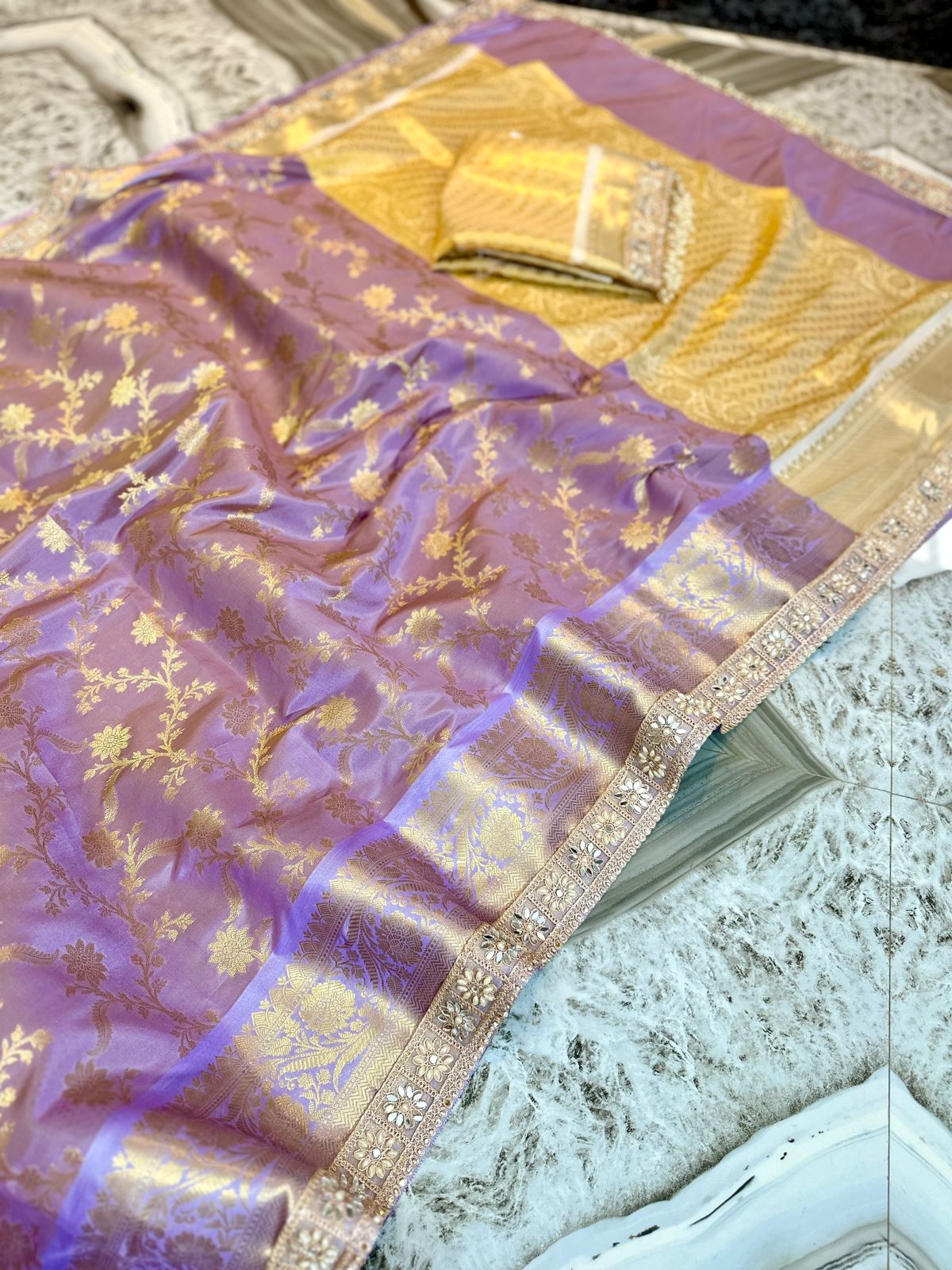 GRAND LACE WORK BANARASI TISSUE SILK SAREE - LAVENDER
