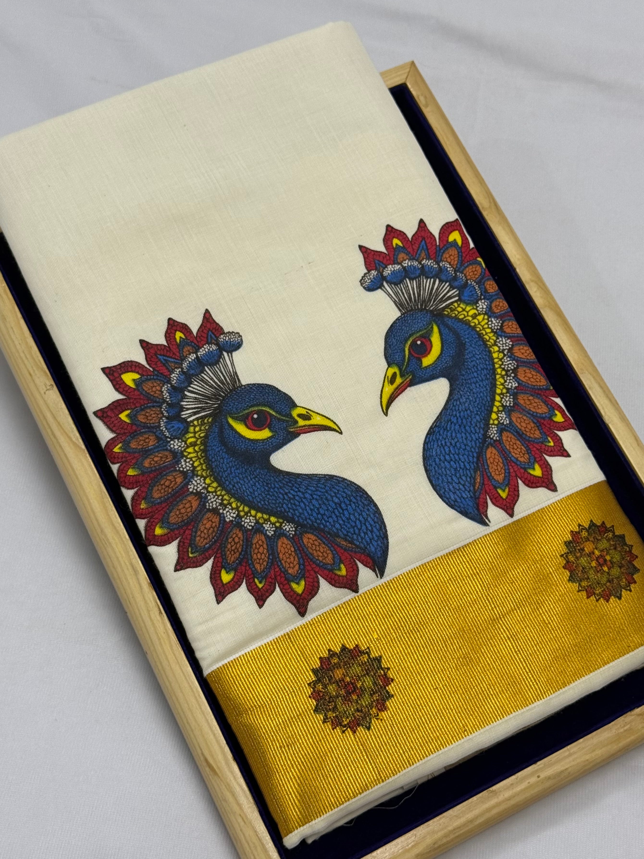 TRADITIONAL PRINTED KASAVU COTTON SAREE (OFF WHITE,GOLD)