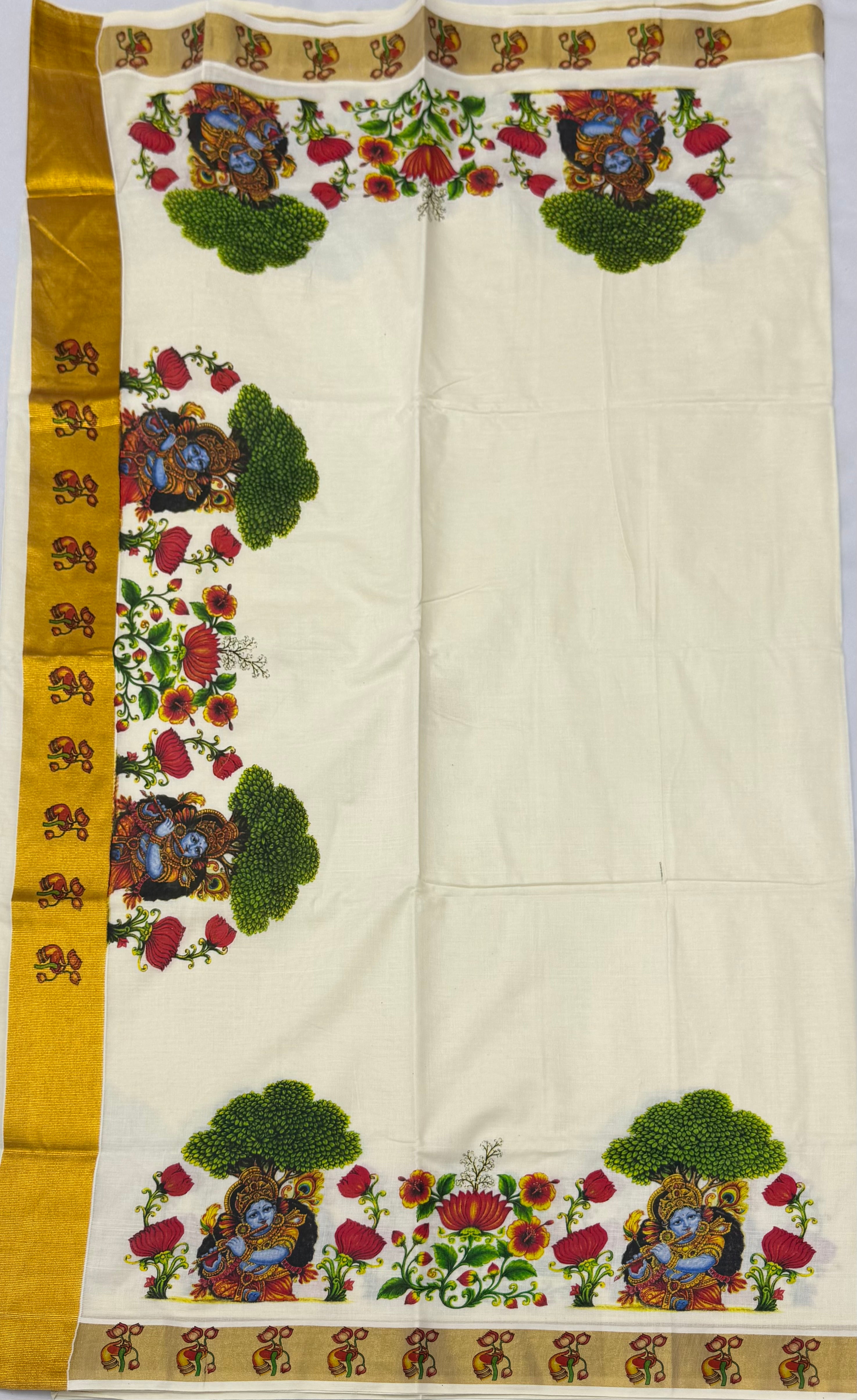 TRADITIONAL PRINTED KASAVU COTTON SAREE (OFF WHITE,GOLD)