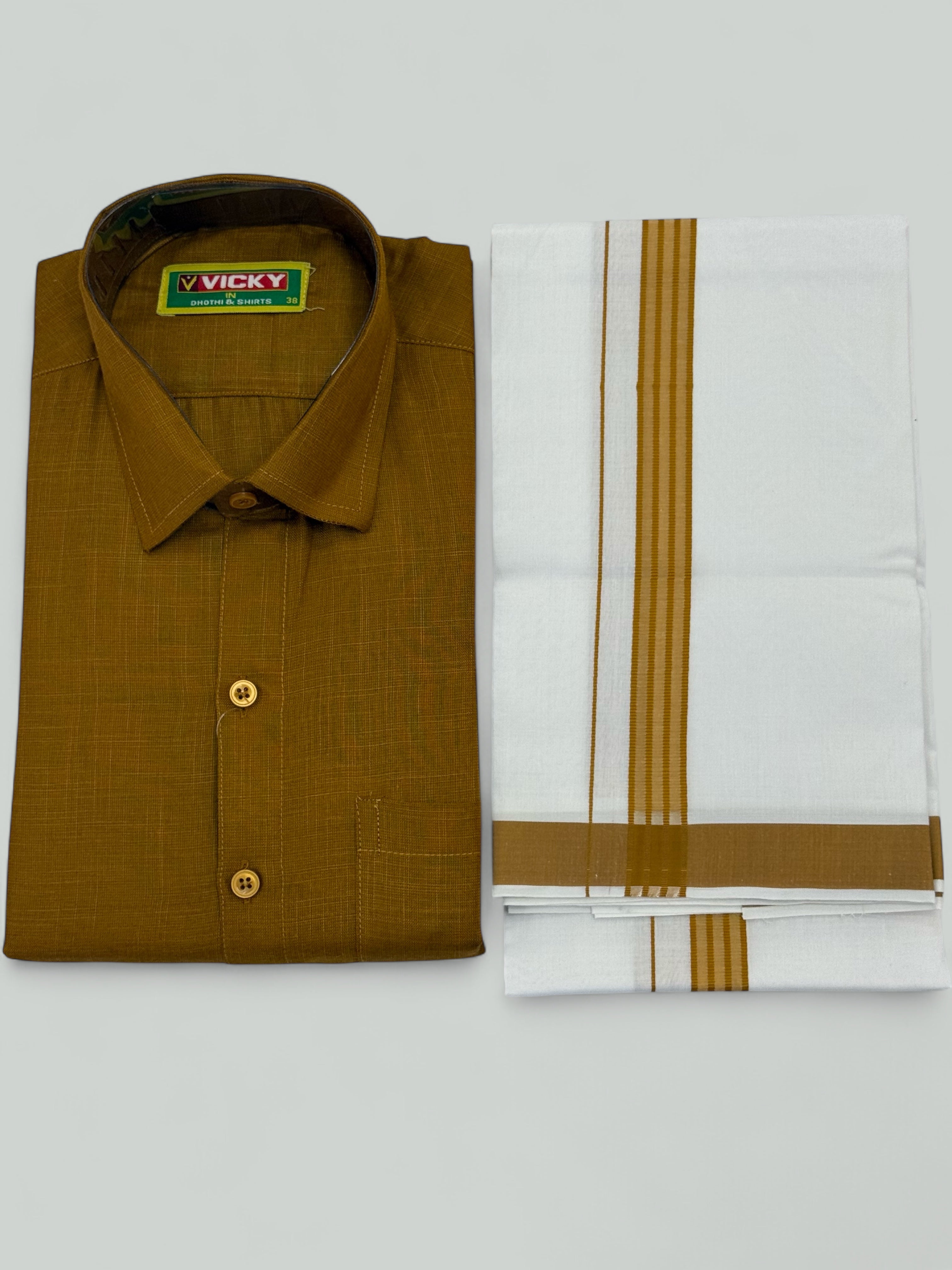 MEN'S MATCHING FANCY BORDER SINGLE DHOTI & SHIRT SET - MUSTARD