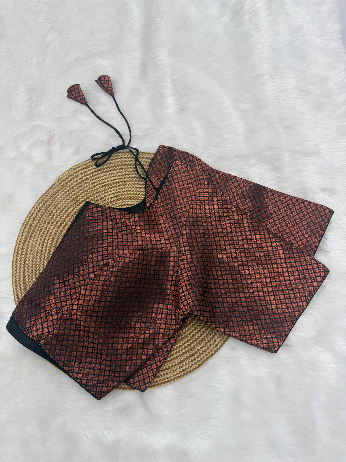 DESIGNER JACQUARD READY TO WEAR SAREE BLOUSE - BLACK & COPPER
