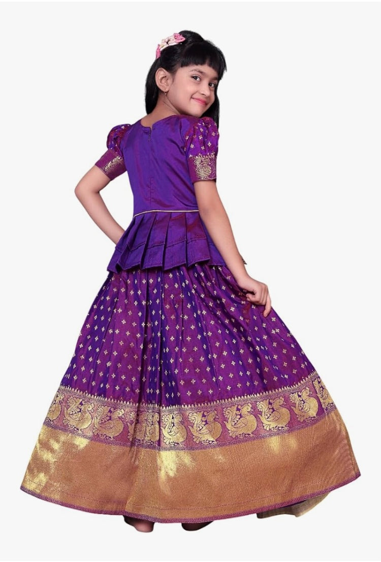 GIRLS SILK BLEND READYMADE PATTU PAVADAI/LEHENGA CHOLI - PURPLE