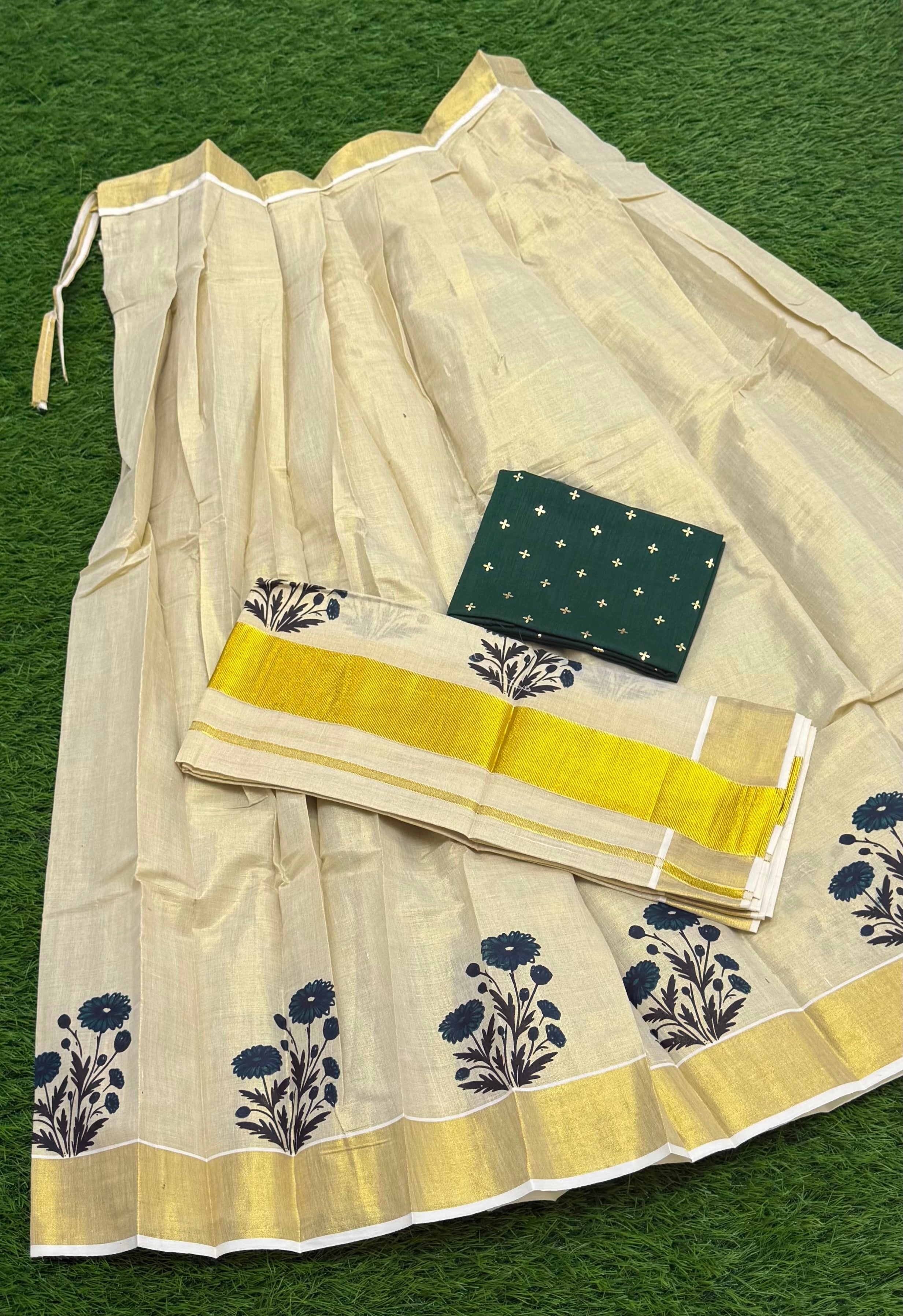 TRADITIONAL ONAM SPECIAL KERALA KASAVU DHAVANI SET - GREEN